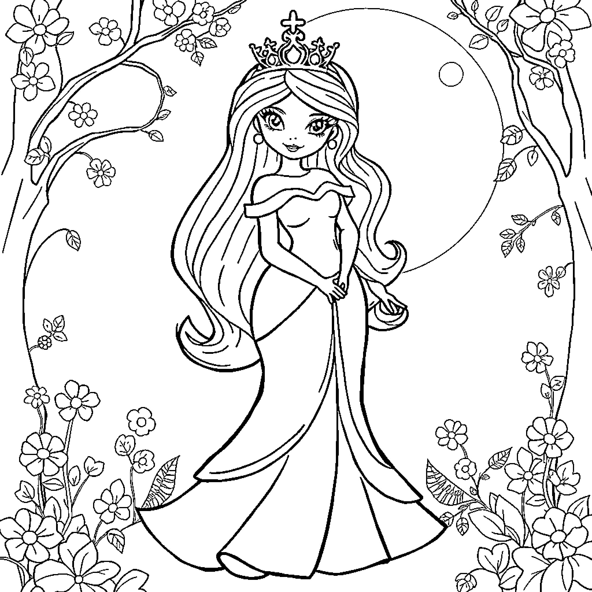 Princess in Elegant Floral Dress Coloring Page (free black-and-white line drawing printable PDF for all, from beginners to advanced learners, including children, teens, adults, and seniors)