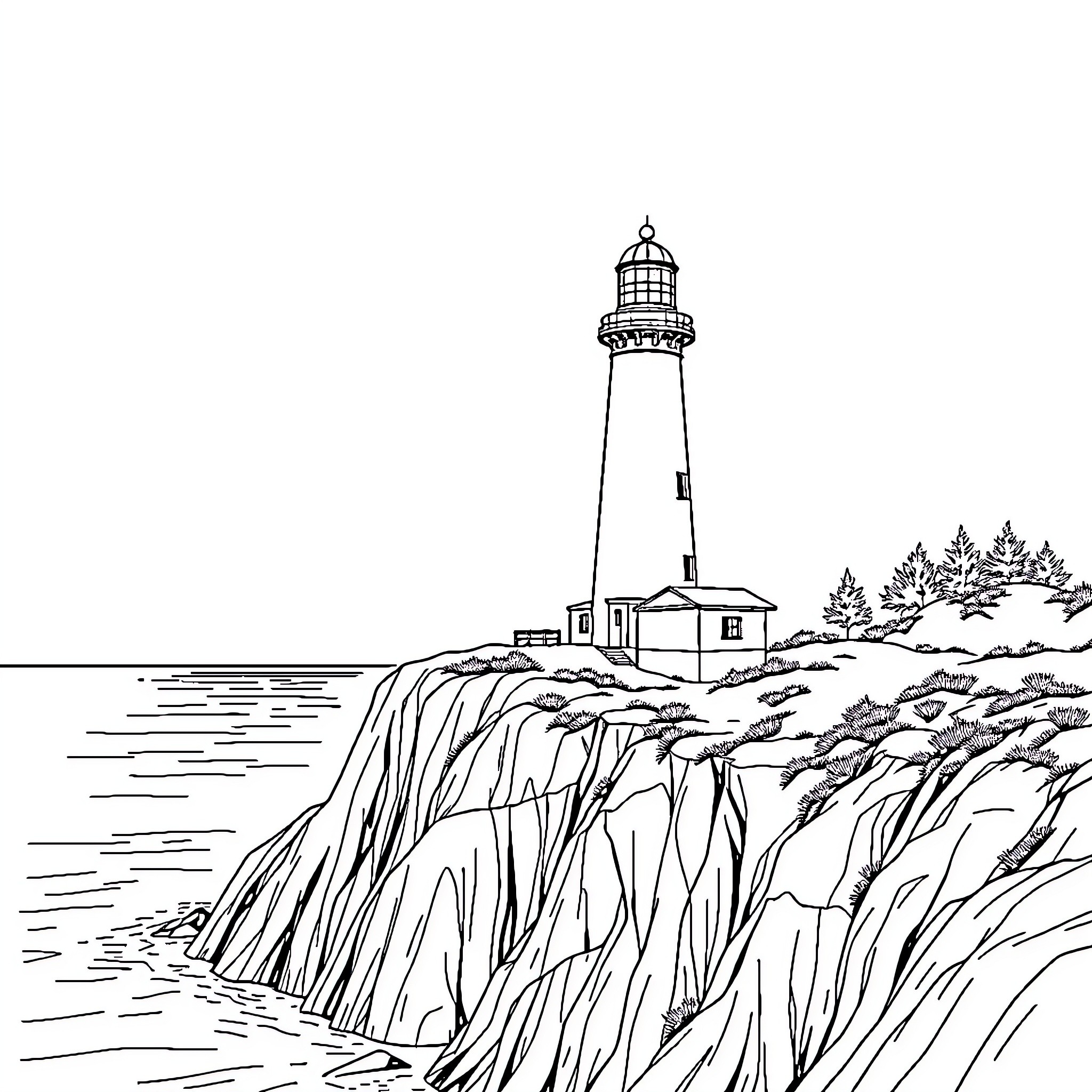 Lighthouse by the Rugged Coastline Coloring Page (free black-and-white line drawing printable PDF for all, from beginners to advanced learners, including children, teens, adults, and seniors)