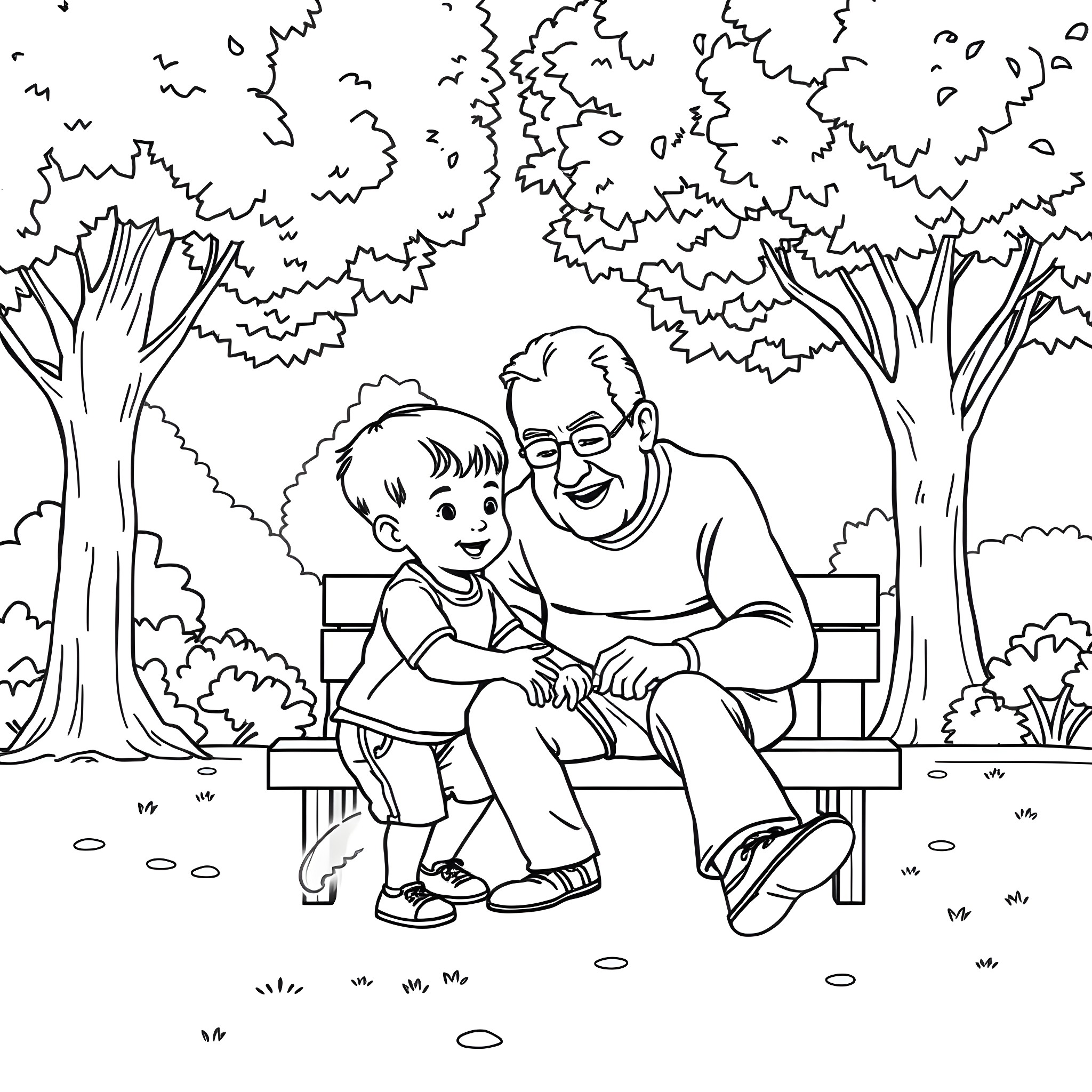 Grandson spending quality time with grandfather in the park Coloring Page (free black-and-white line drawing printable PDF for all, from beginners to advanced learners, including children, teens, adults, and seniors)