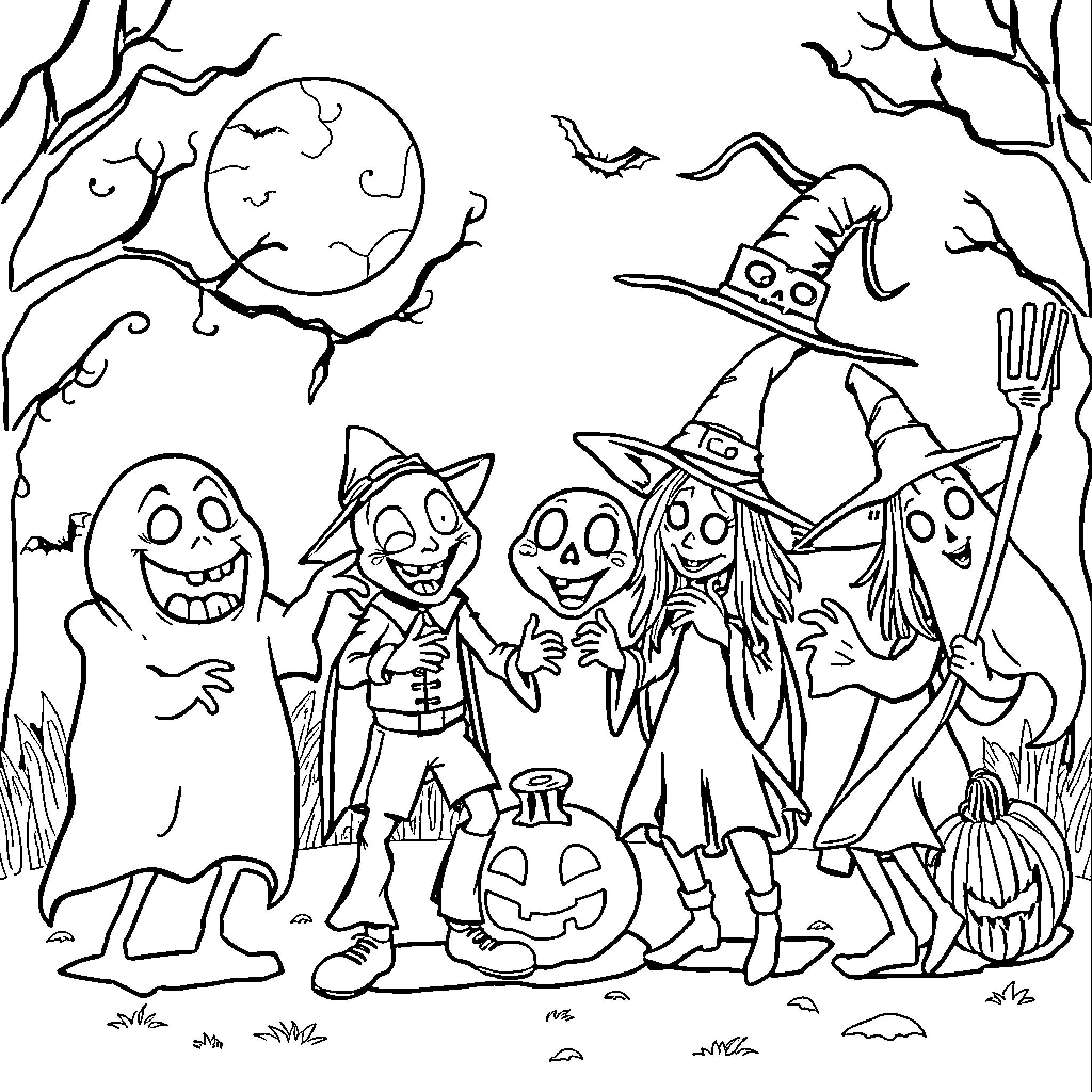 Halloween Character Enjoying Spooky Festivities Coloring Page (free black-and-white line drawing printable PDF for all, from beginners to advanced learners, including children, teens, adults, and seniors)