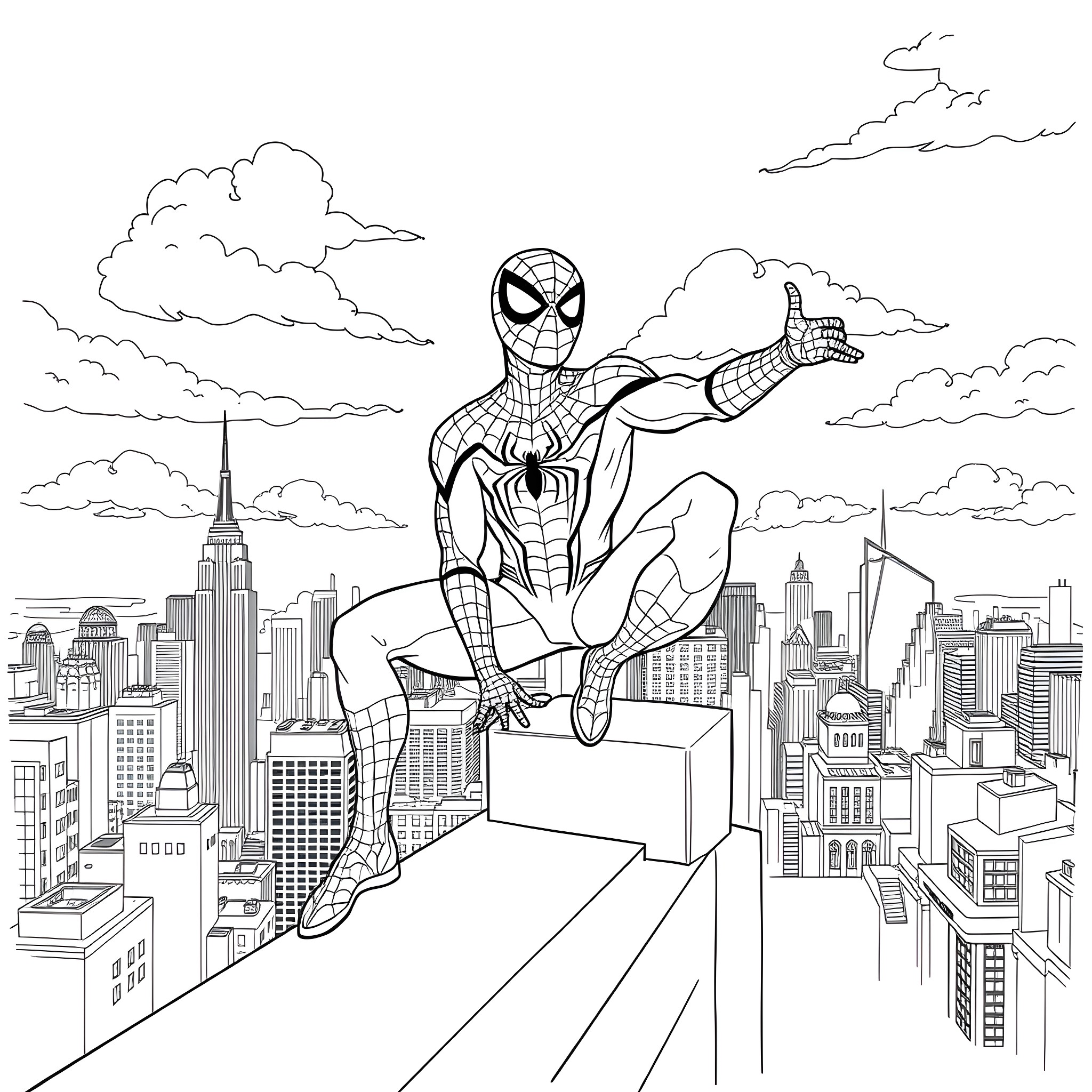 Spider-Man heroically leaping over the city skyline Coloring Page (free black-and-white line drawing printable PDF for all, from beginners to advanced learners, including children, teens, adults, and seniors)