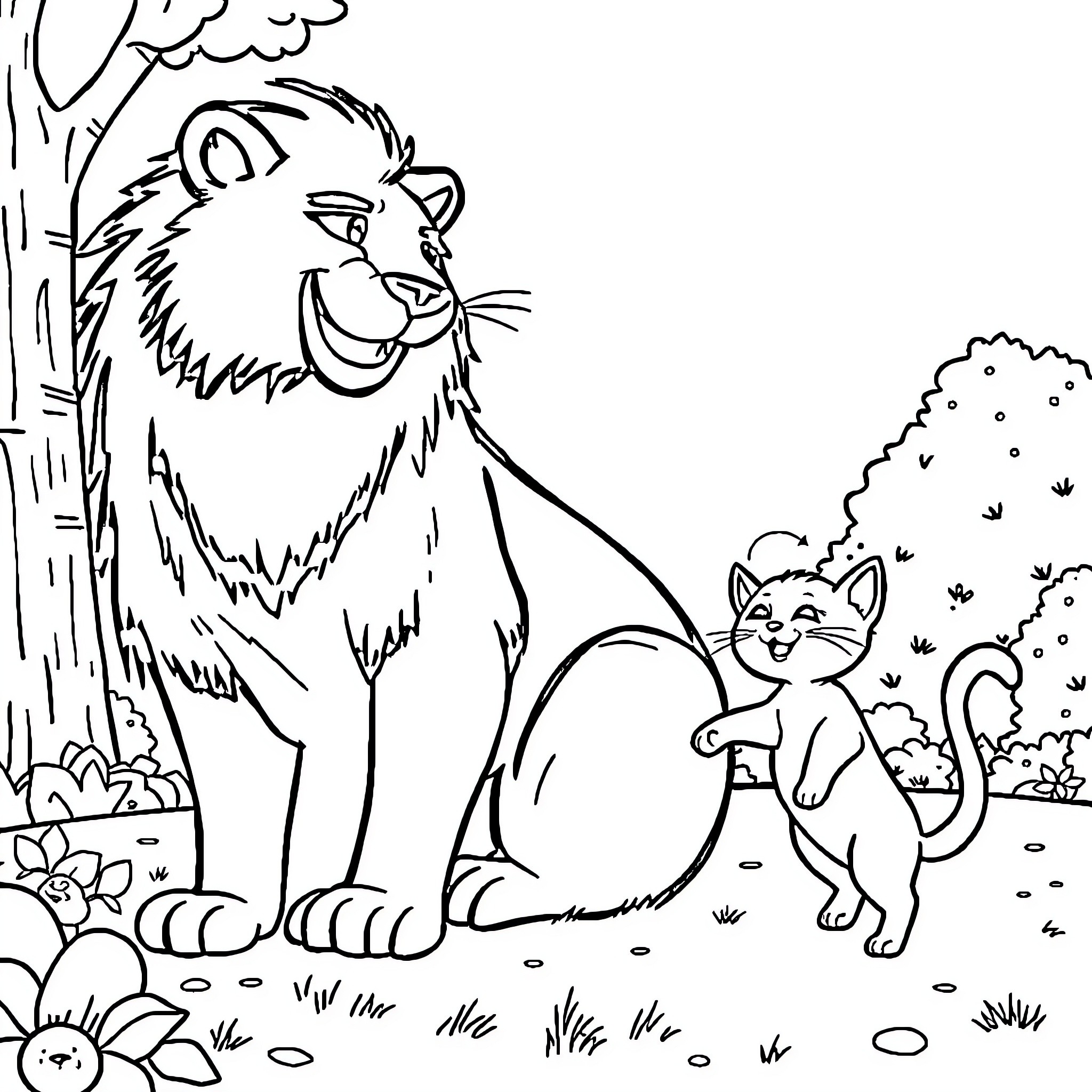 Oso the lion and his feline friend in the forest Coloring Page (free black-and-white line drawing printable PDF for all, from beginners to advanced learners, including children, teens, adults, and seniors)