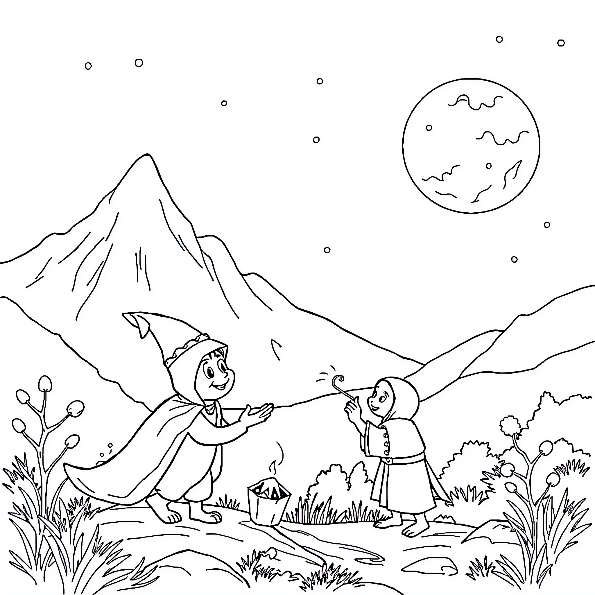 Enano friends exploring mountain landscape Coloring Page (free black-and-white line drawing printable PDF for all, from beginners to advanced learners, including children, teens, adults, and seniors)