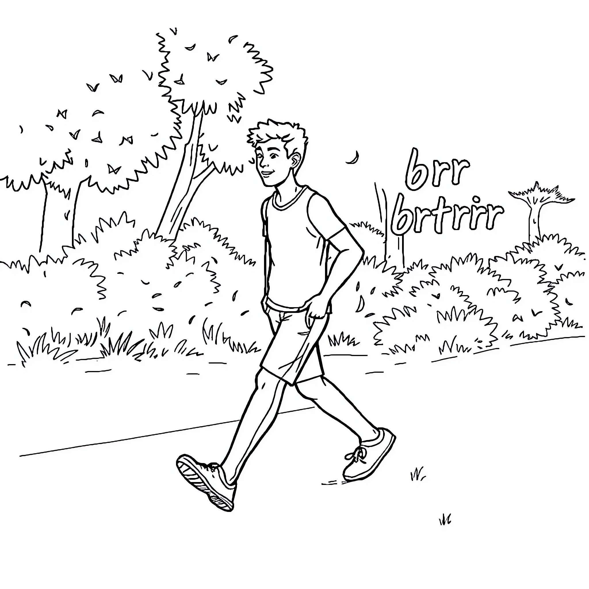 Brr Brr Patapim Running Through Nature Coloring Page (free black-and-white line drawing printable PDF for all, from beginners to advanced learners, including children, teens, adults, and seniors)