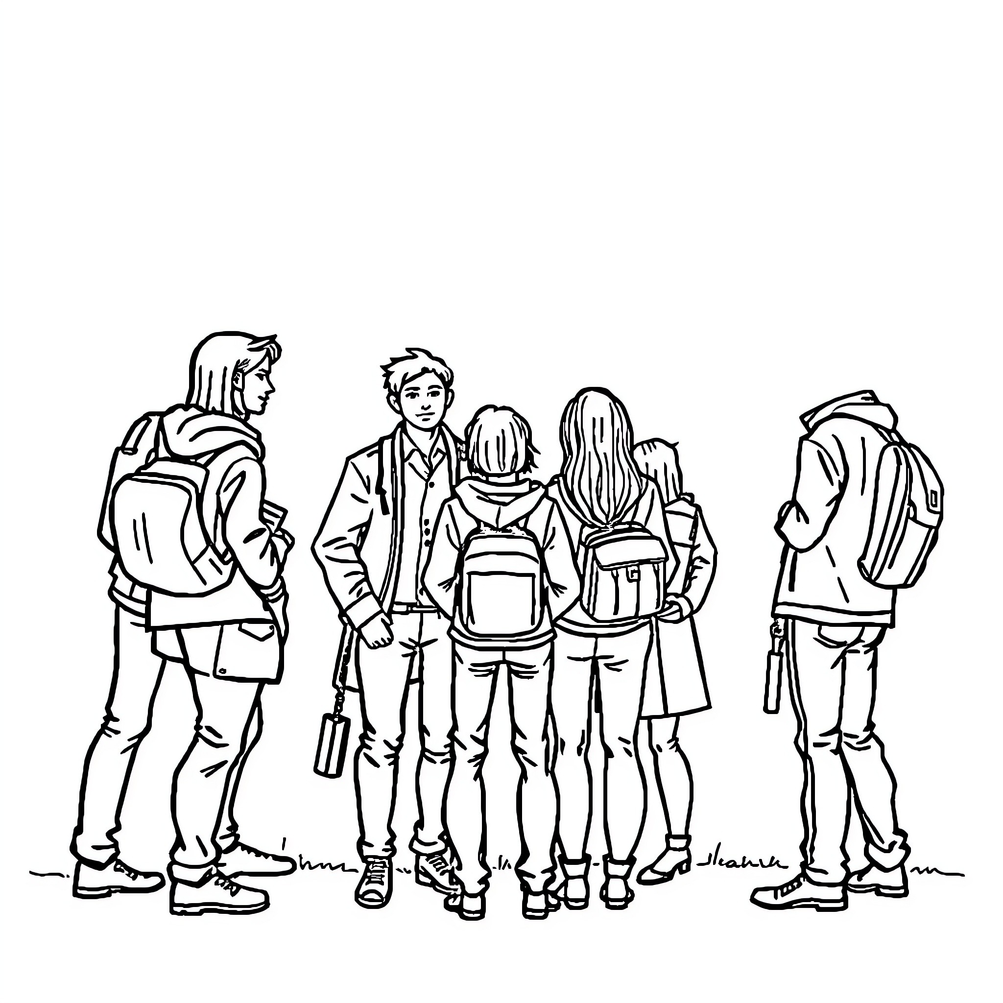 One group of students walking together Coloring Page (free black-and-white line drawing printable PDF for all, from beginners to advanced learners, including children, teens, adults, and seniors)