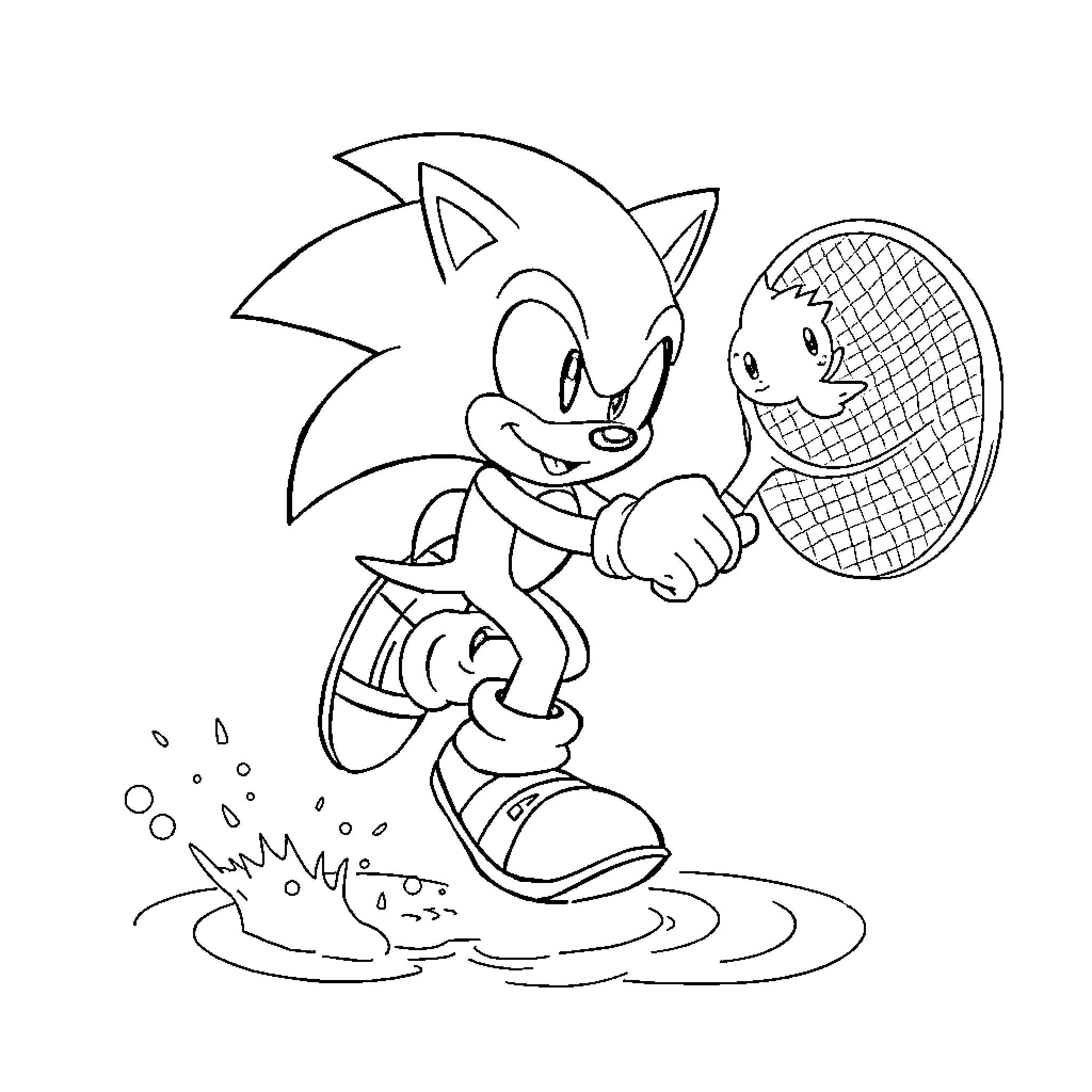 Sonic the Hedgehog enjoying a splash in the water Coloring Page (free black-and-white line drawing printable PDF for all, from beginners to advanced learners, including children, teens, adults, and seniors)