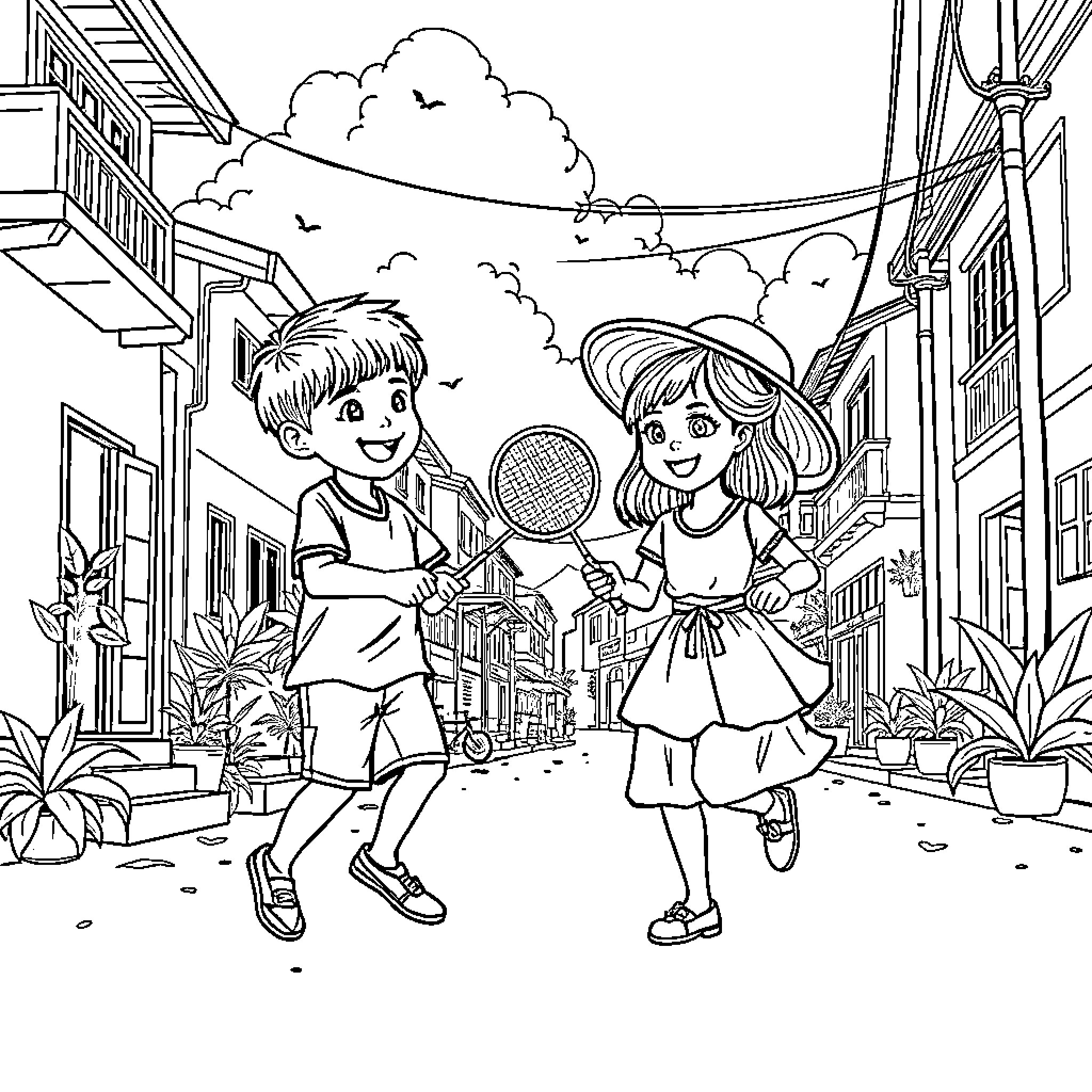 Child siblings playing outdoors on a sunny day Coloring Page (free black-and-white line drawing printable PDF for all, from beginners to advanced learners, including children, teens, adults, and seniors)