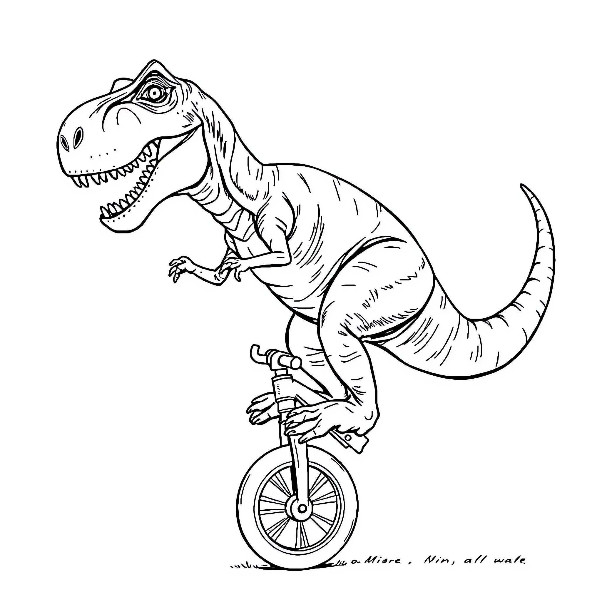 T-Rex Riding a Unicycle with Excitement Coloring Page (free black-and-white line drawing printable PDF for all, from beginners to advanced learners, including children, teens, adults, and seniors)