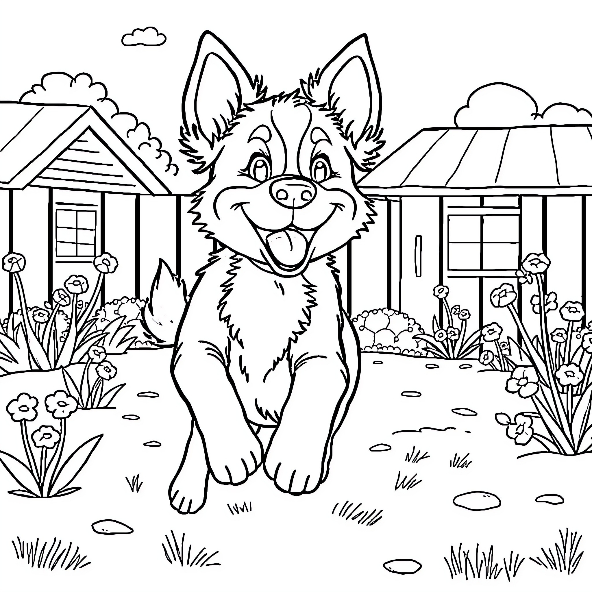 Bluey enjoying the outdoors in a neighborhood Coloring Page (free black-and-white line drawing printable PDF for all, from beginners to advanced learners, including children, teens, adults, and seniors)