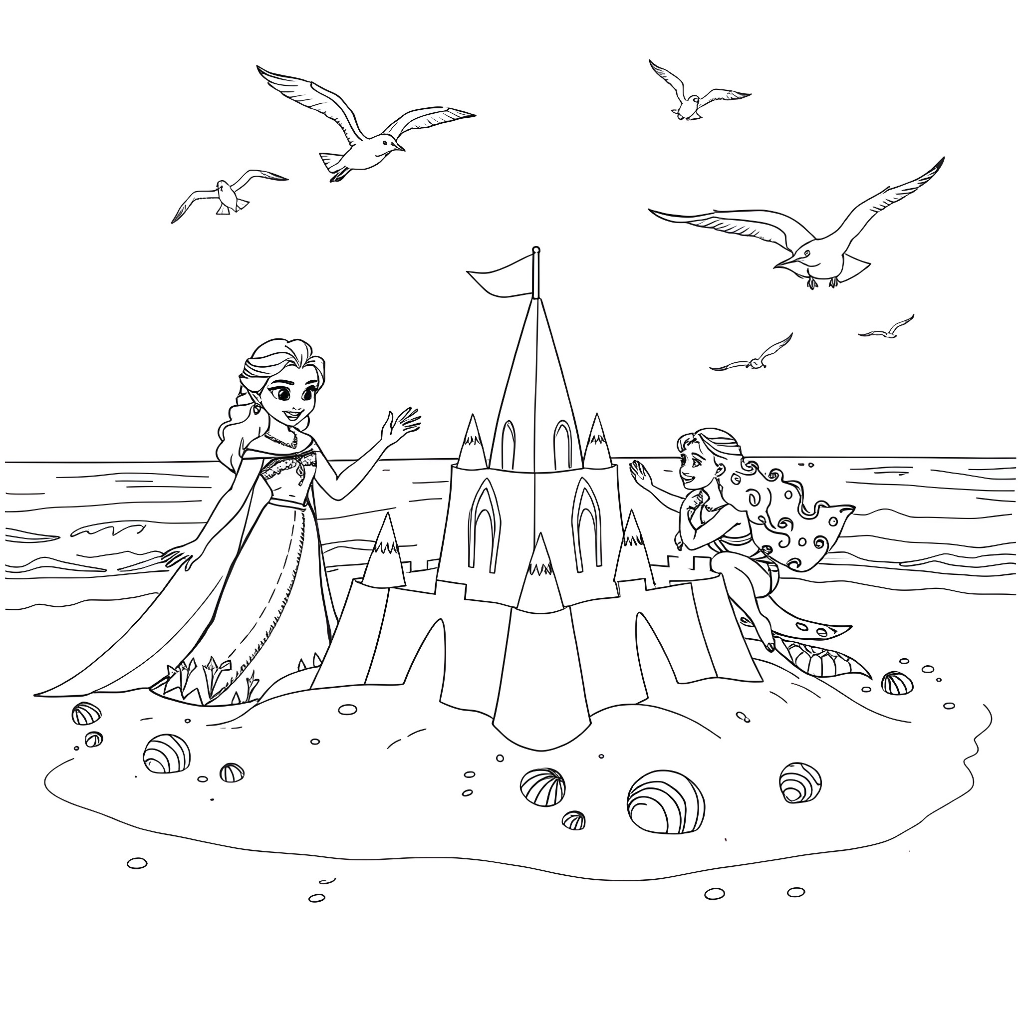 Elsa and Anna's Magical Beach Adventure Coloring Page (free black-and-white line drawing printable PDF for all, from beginners to advanced learners, including children, teens, adults, and seniors)