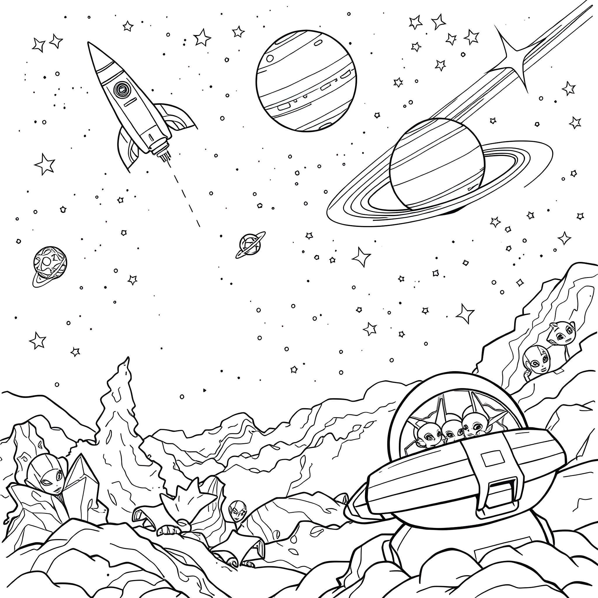 Rocket Launches into Space with Planets and Stars Coloring Page (free black-and-white line drawing printable PDF for all, from beginners to advanced learners, including children, teens, adults, and seniors)