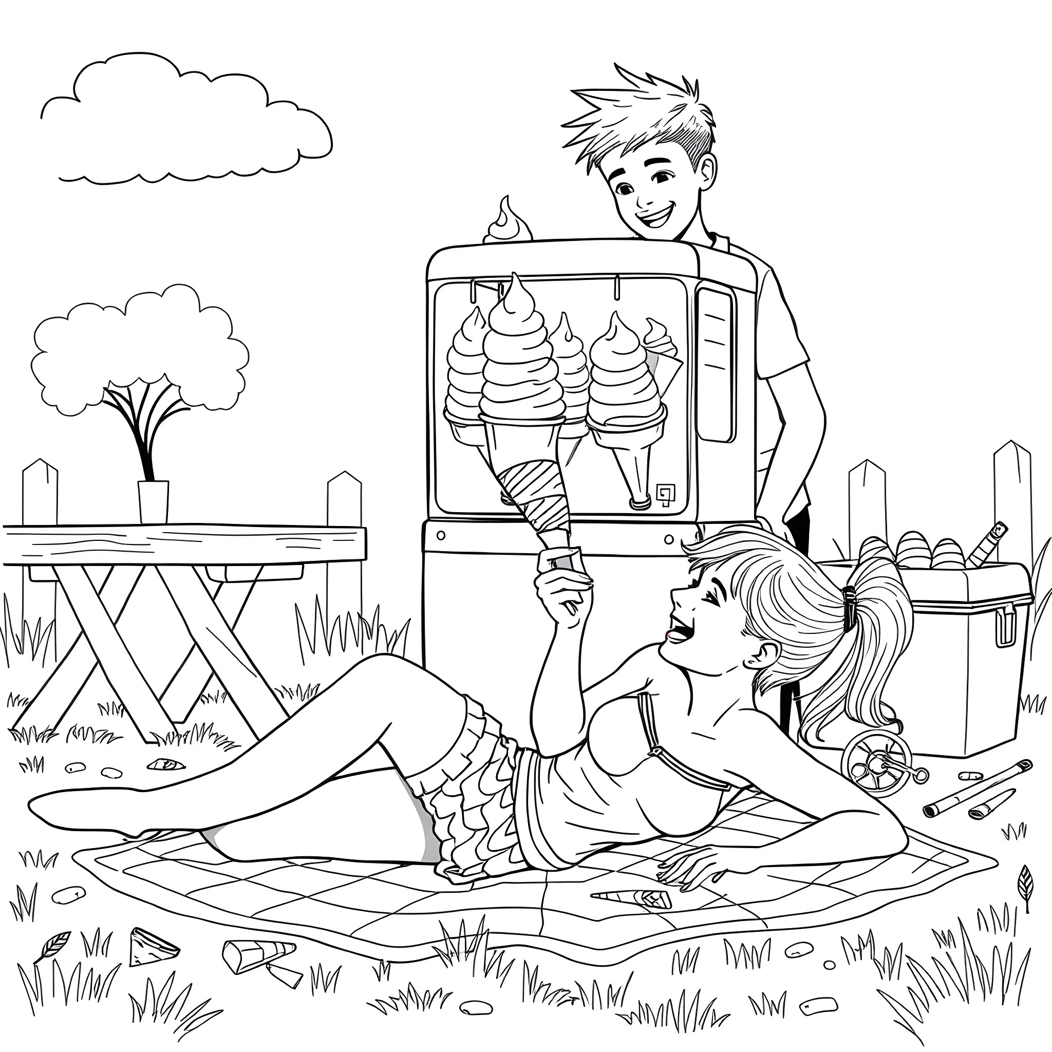 Young People Enjoying an Outdoor Picnic Coloring Page (free black-and-white line drawing printable PDF for all, from beginners to advanced learners, including children, teens, adults, and seniors)
