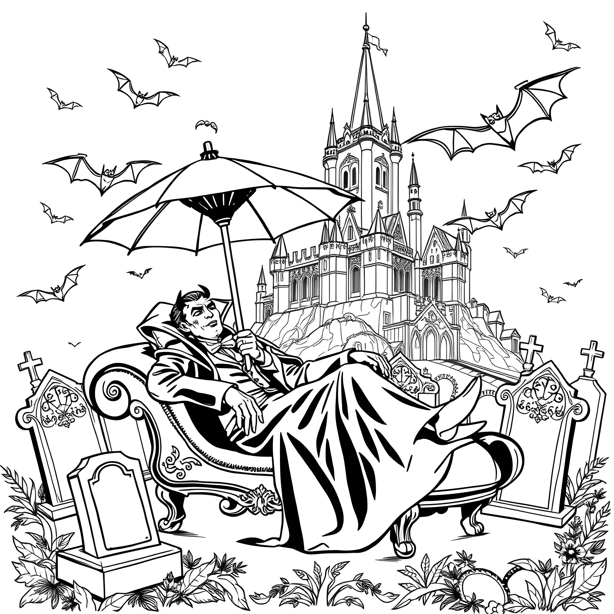 Dracula lounging in his ornate chair with bats and his castle in the background Coloring Page (free black-and-white line drawing printable PDF for all, from beginners to advanced learners, including children, teens, adults, and seniors)