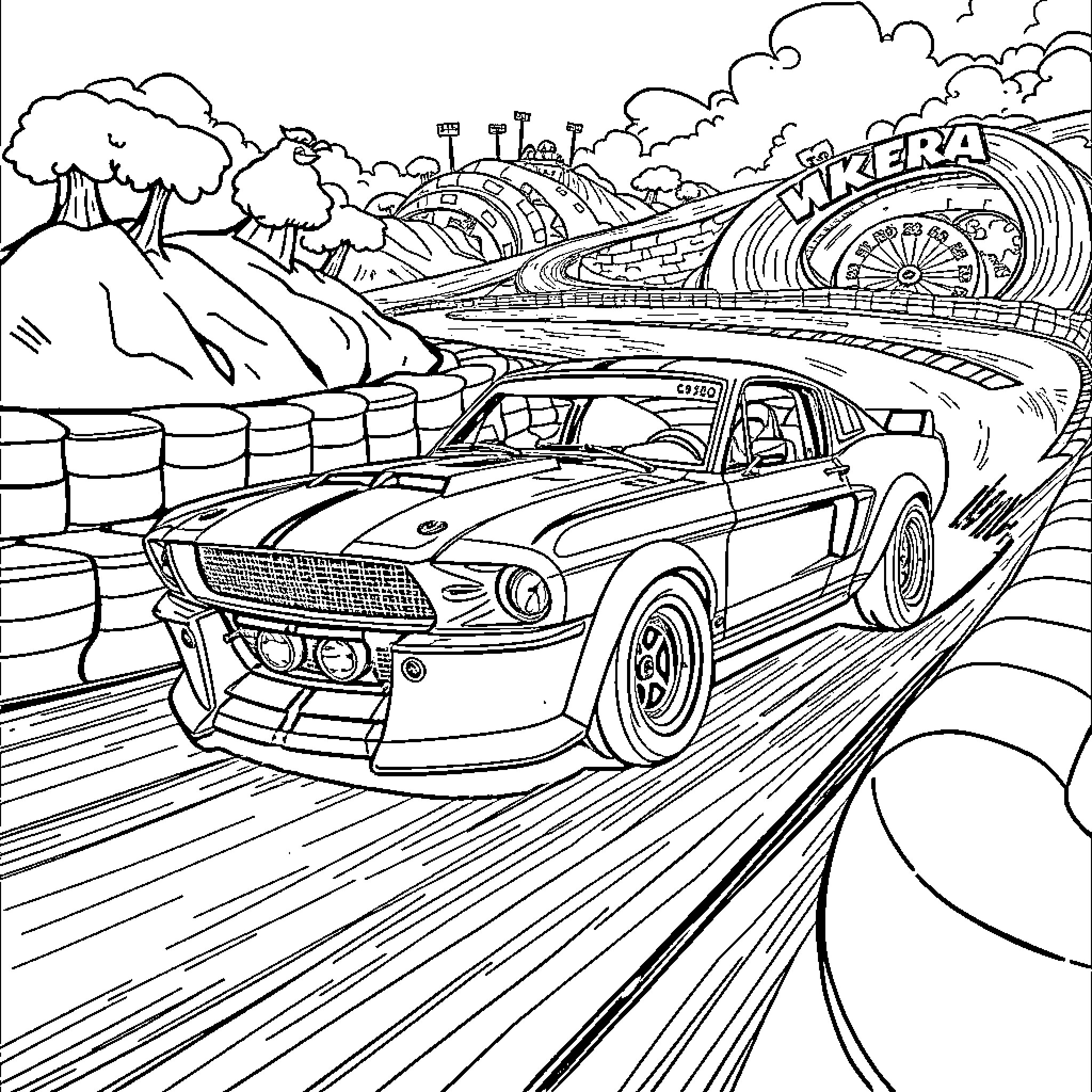 Shelby GT500 speeding through a fantastical landscape Coloring Page (free black-and-white line drawing printable PDF for all, from beginners to advanced learners, including children, teens, adults, and seniors)