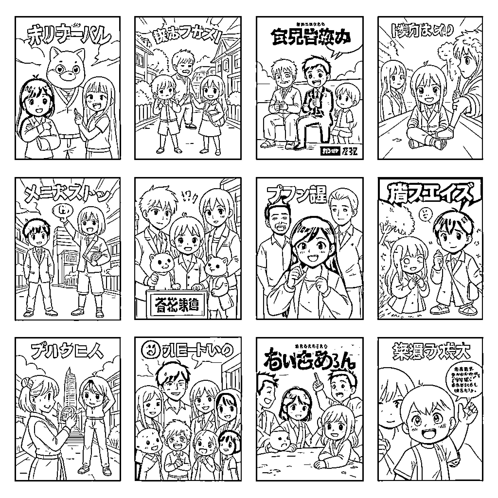 Anime characters in various cheerful group scenes Coloring Page (free black-and-white line drawing printable PDF for all, from beginners to advanced learners, including children, teens, adults, and seniors)