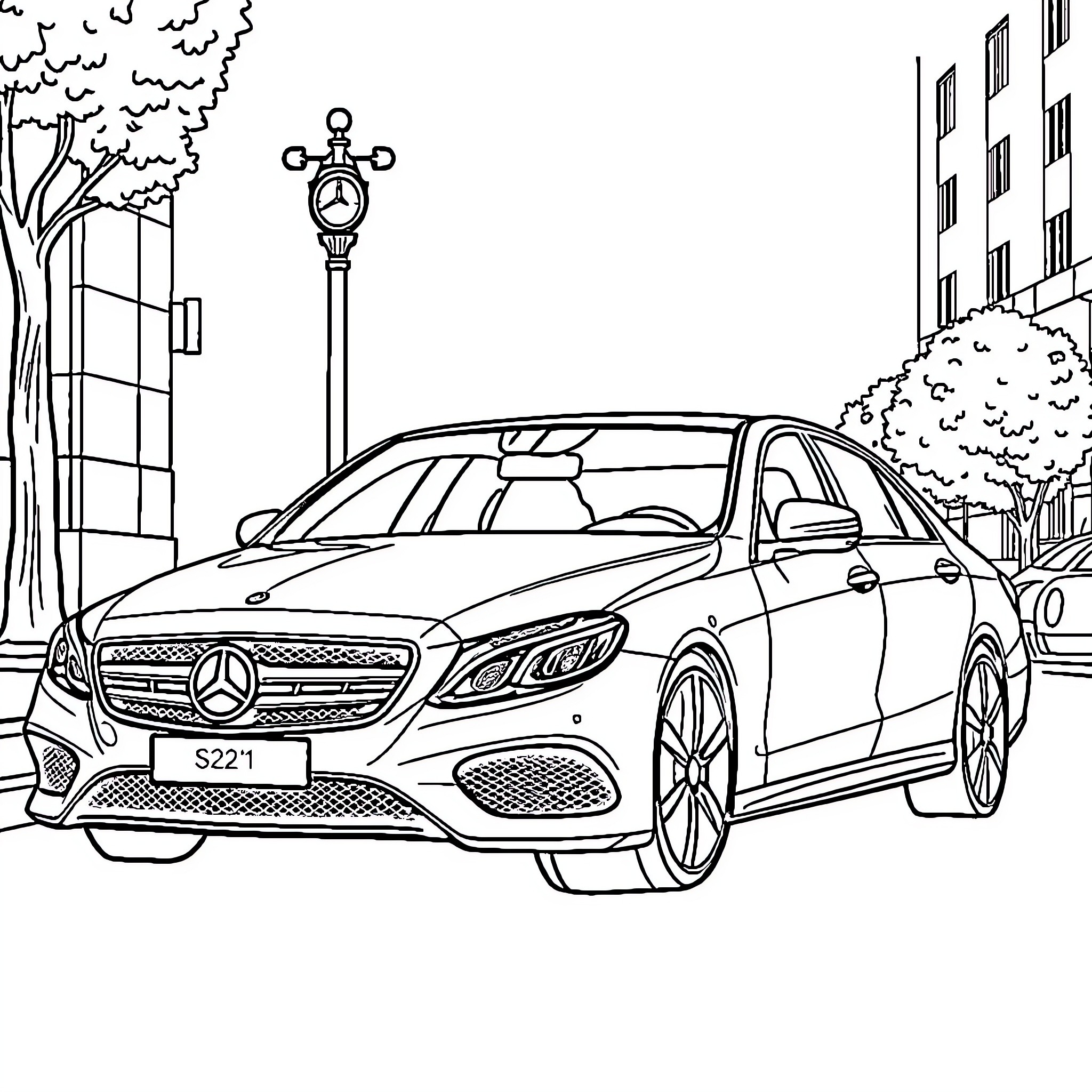 Mercedes sedan driving on city street Coloring Page (free black-and-white line drawing printable PDF for all, from beginners to advanced learners, including children, teens, adults, and seniors)