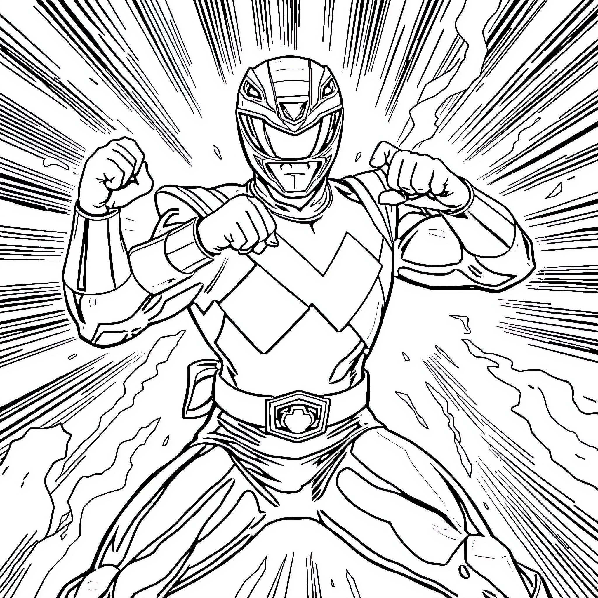 Power Ranger in Heroic Pose with Dramatic Energy Coloring Page (free black-and-white line drawing printable PDF for all, from beginners to advanced learners, including children, teens, adults, and seniors)