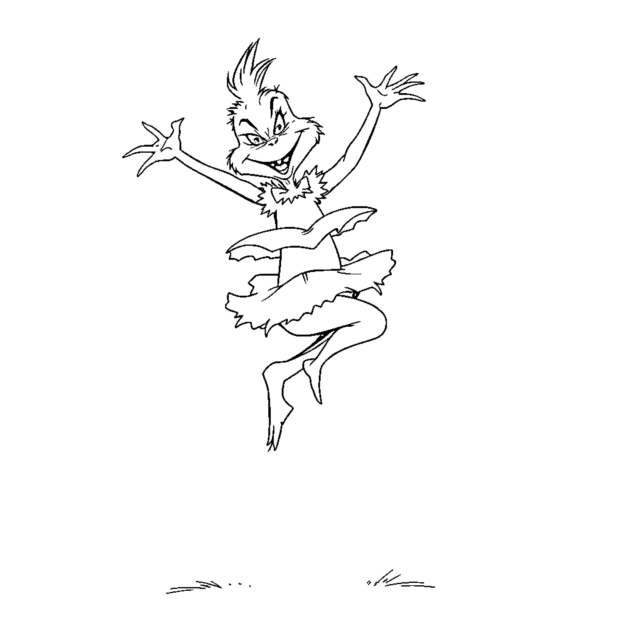 Grinch dancing gleefully in a tutu Coloring Page (free black-and-white line drawing printable PDF for all, from beginners to advanced learners, including children, teens, adults, and seniors)