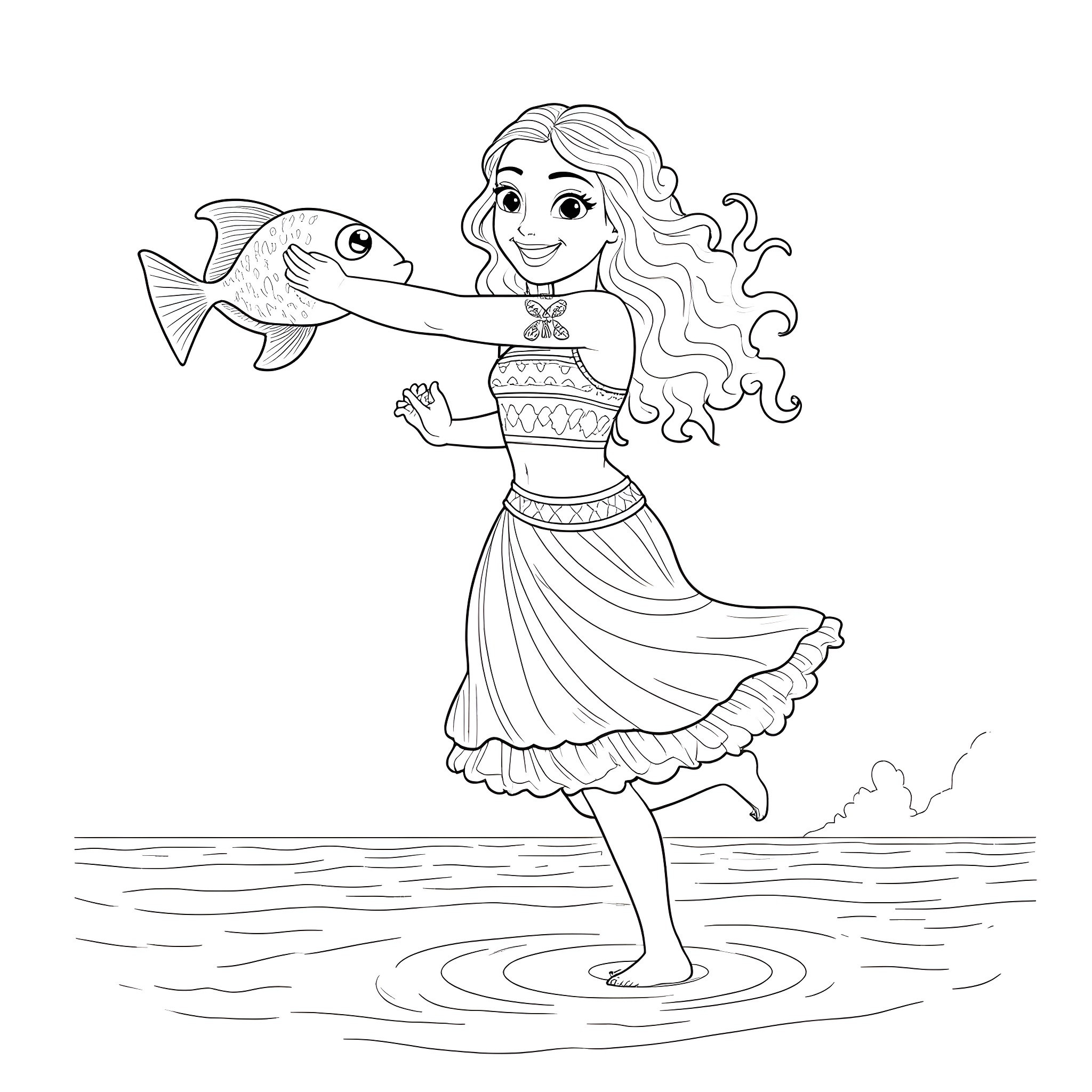 Moana dancing joyfully with a fish in the water Coloring Page (free black-and-white line drawing printable PDF for all, from beginners to advanced learners, including children, teens, adults, and seniors)