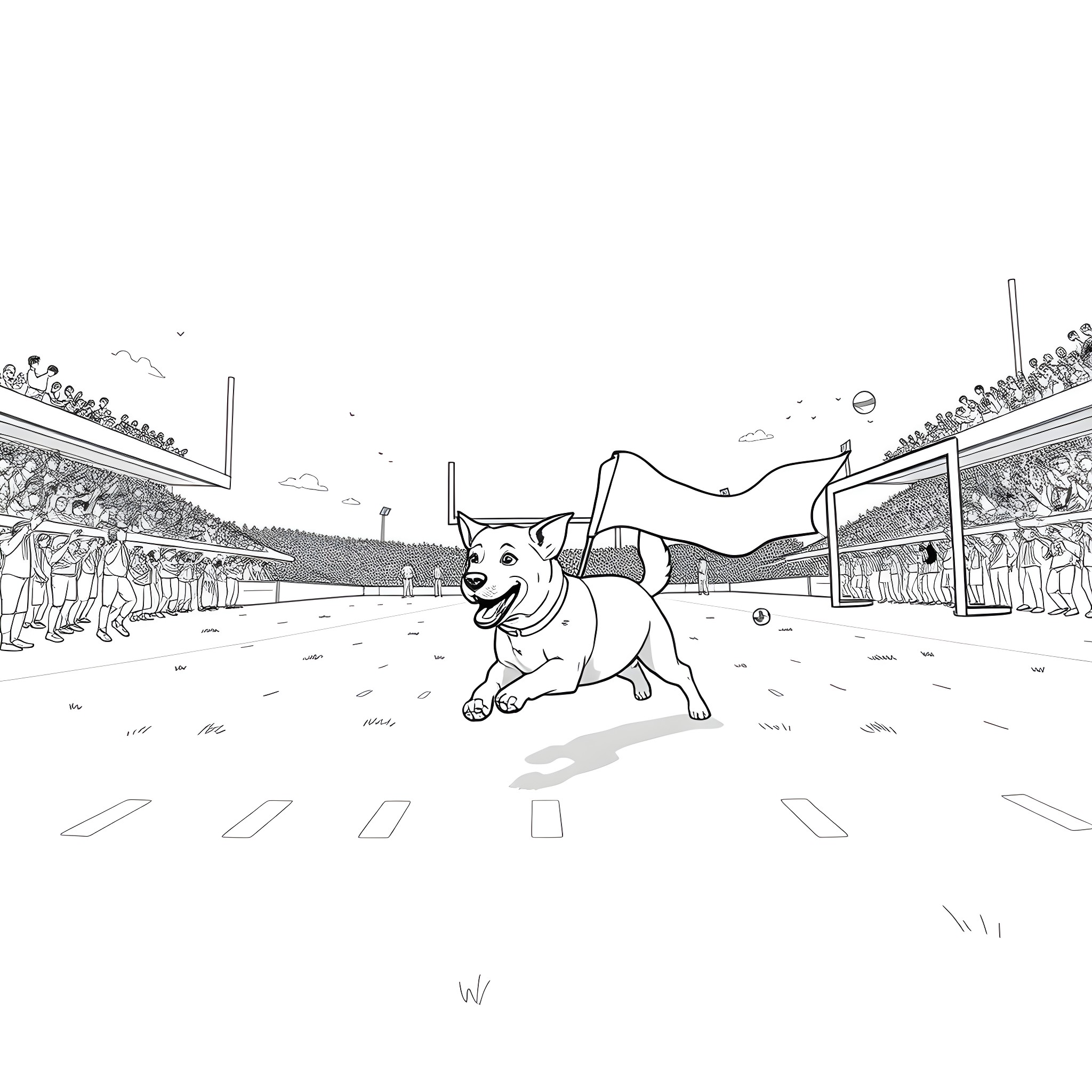 Dog running excitedly in stadium Coloring Page (free black-and-white line drawing printable PDF for all, from beginners to advanced learners, including children, teens, adults, and seniors)