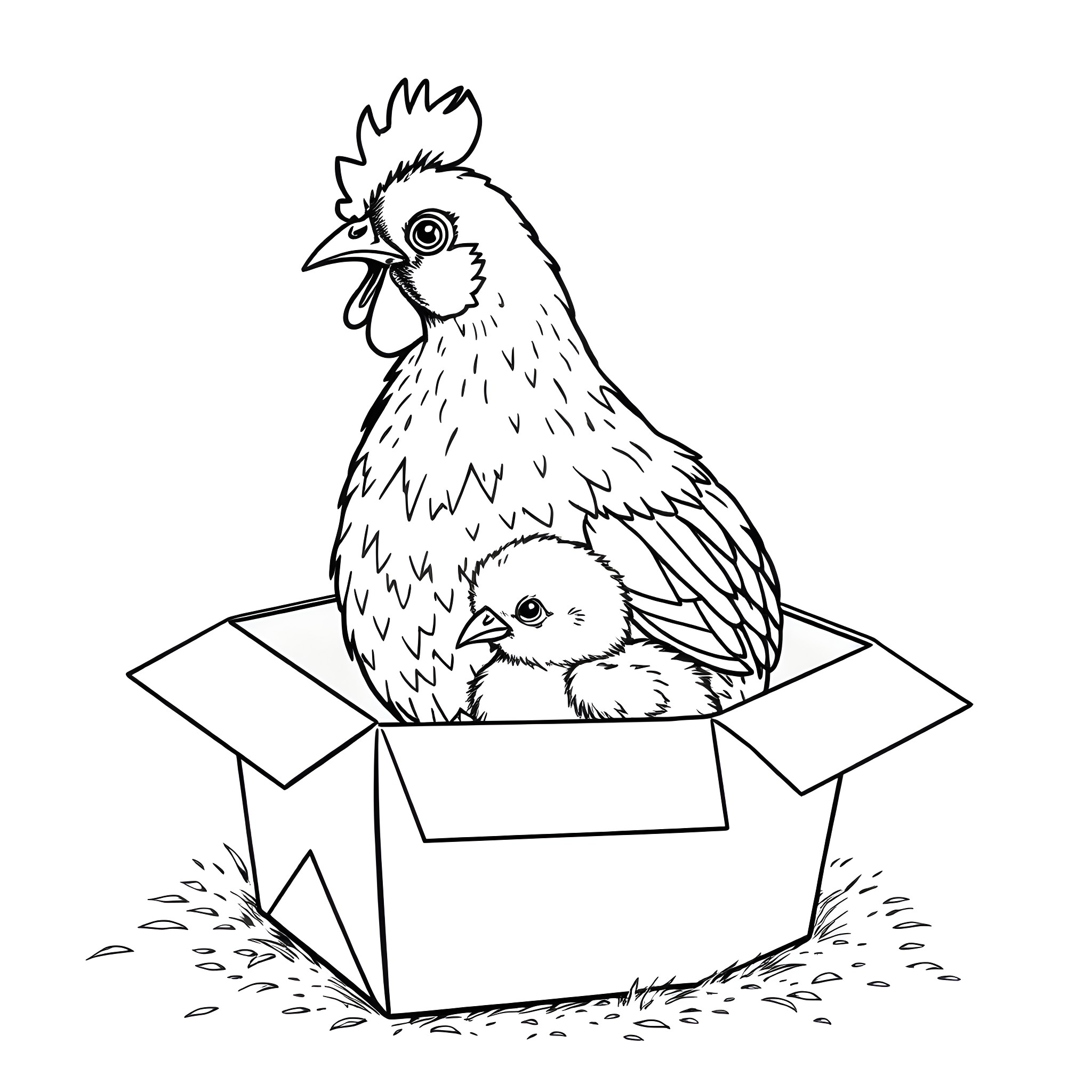 Hen and chick in a cardboard box Coloring Page (free black-and-white line drawing printable PDF for all, from beginners to advanced learners, including children, teens, adults, and seniors)