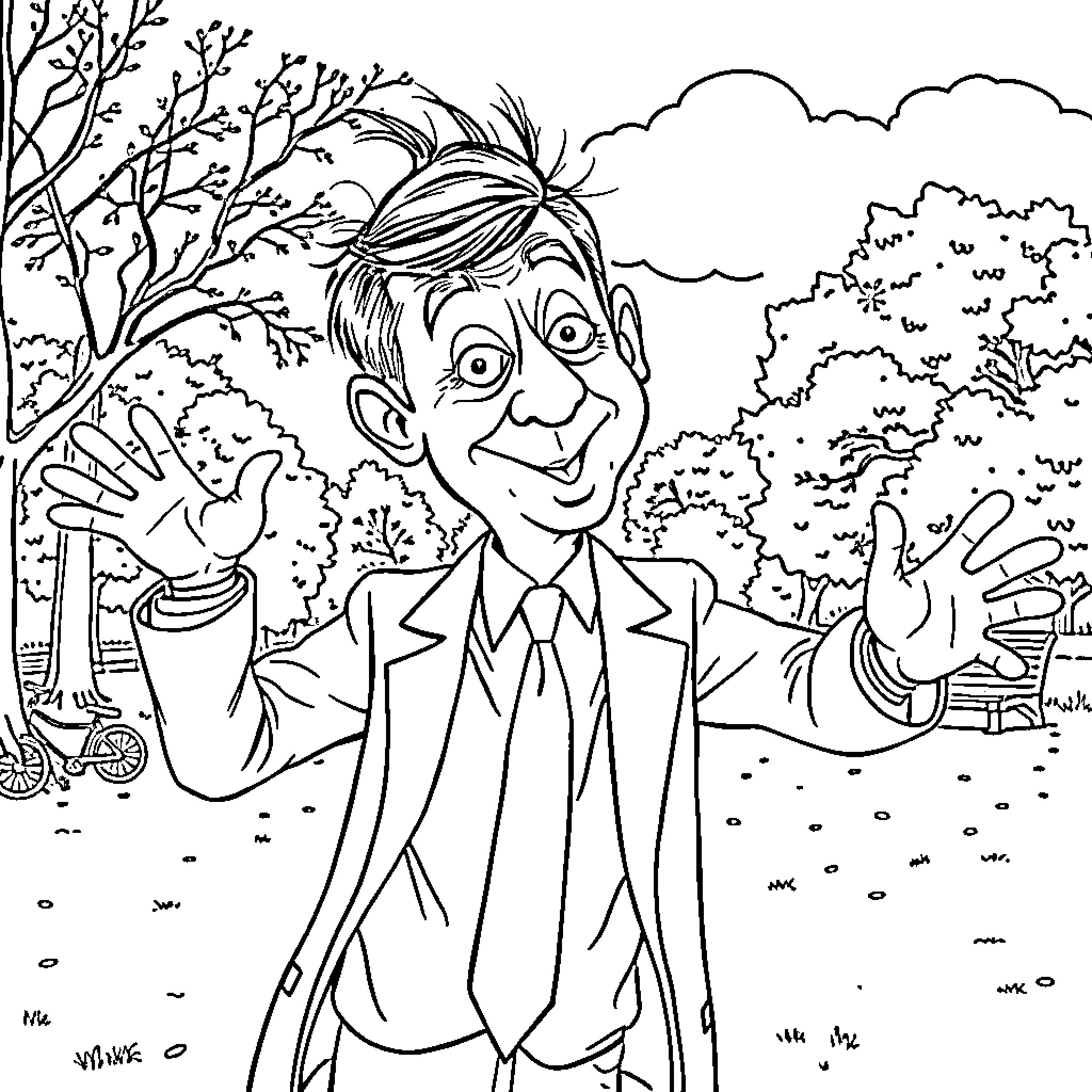 Mr Bean enjoying the outdoor nature scenery Coloring Page (free black-and-white line drawing printable PDF for all, from beginners to advanced learners, including children, teens, adults, and seniors)