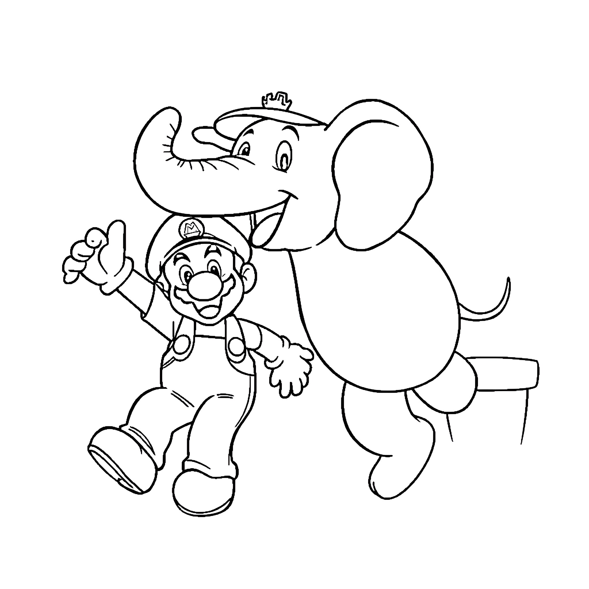 Elephant and Mario Having Fun Together Coloring Page (free black-and-white line drawing printable PDF for all, from beginners to advanced learners, including children, teens, adults, and seniors)