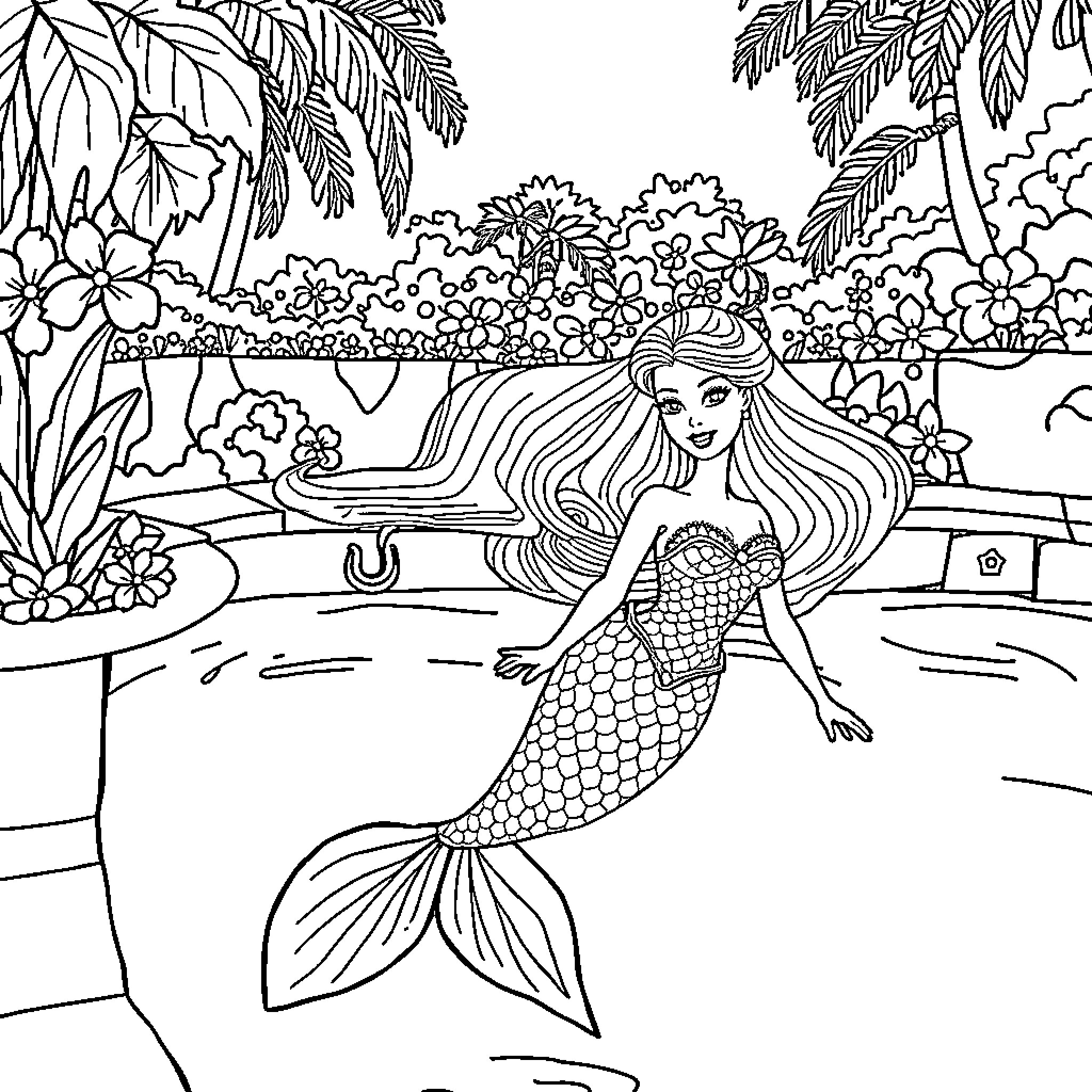 Mermaid enjoying a tranquil underwater scene Coloring Page (free black-and-white line drawing printable PDF for all, from beginners to advanced learners, including children, teens, adults, and seniors)
