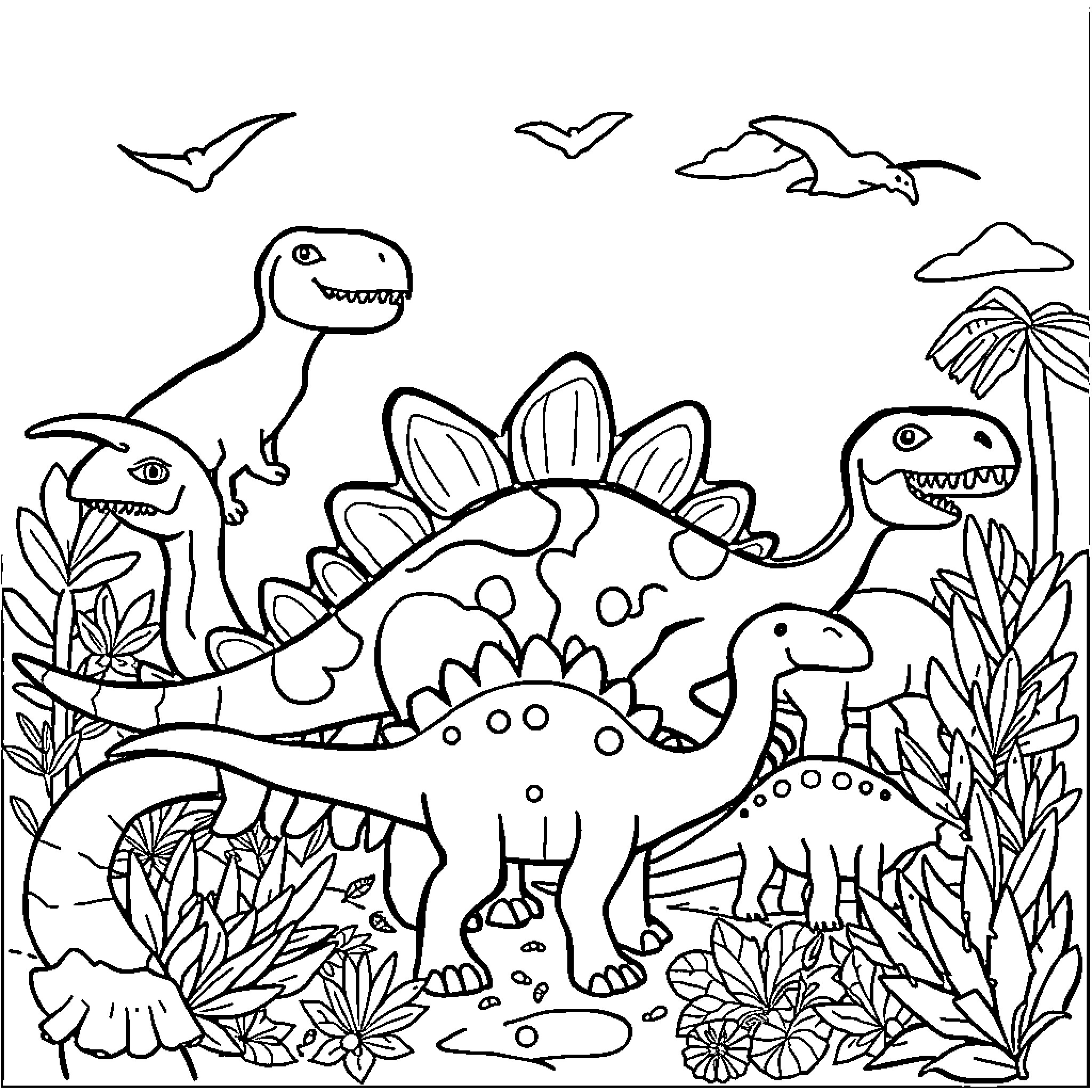 Dinosaurs exploring tropical foliage Coloring Page (free black-and-white line drawing printable PDF for all, from beginners to advanced learners, including children, teens, adults, and seniors)