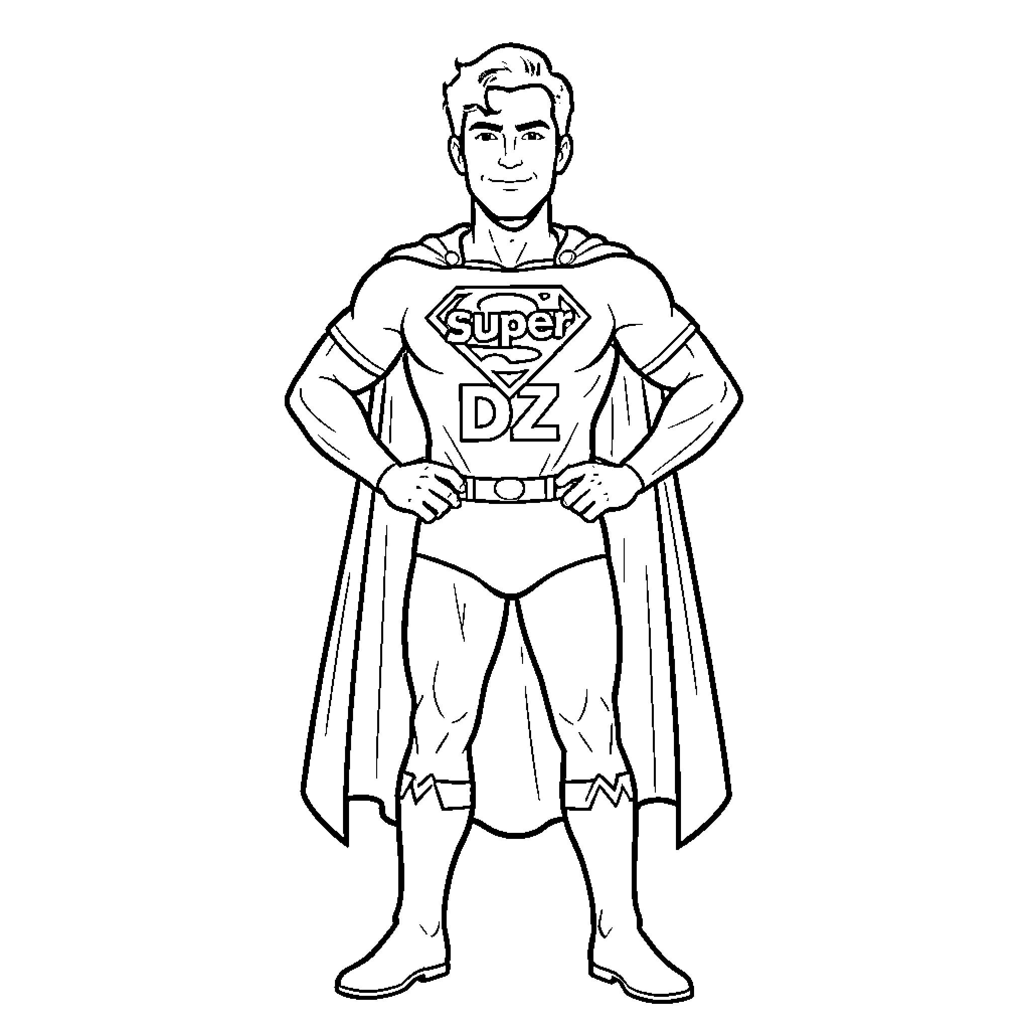 Superman standing heroically in a superhero costume Coloring Page (free black-and-white line drawing printable PDF for all, from beginners to advanced learners, including children, teens, adults, and seniors)