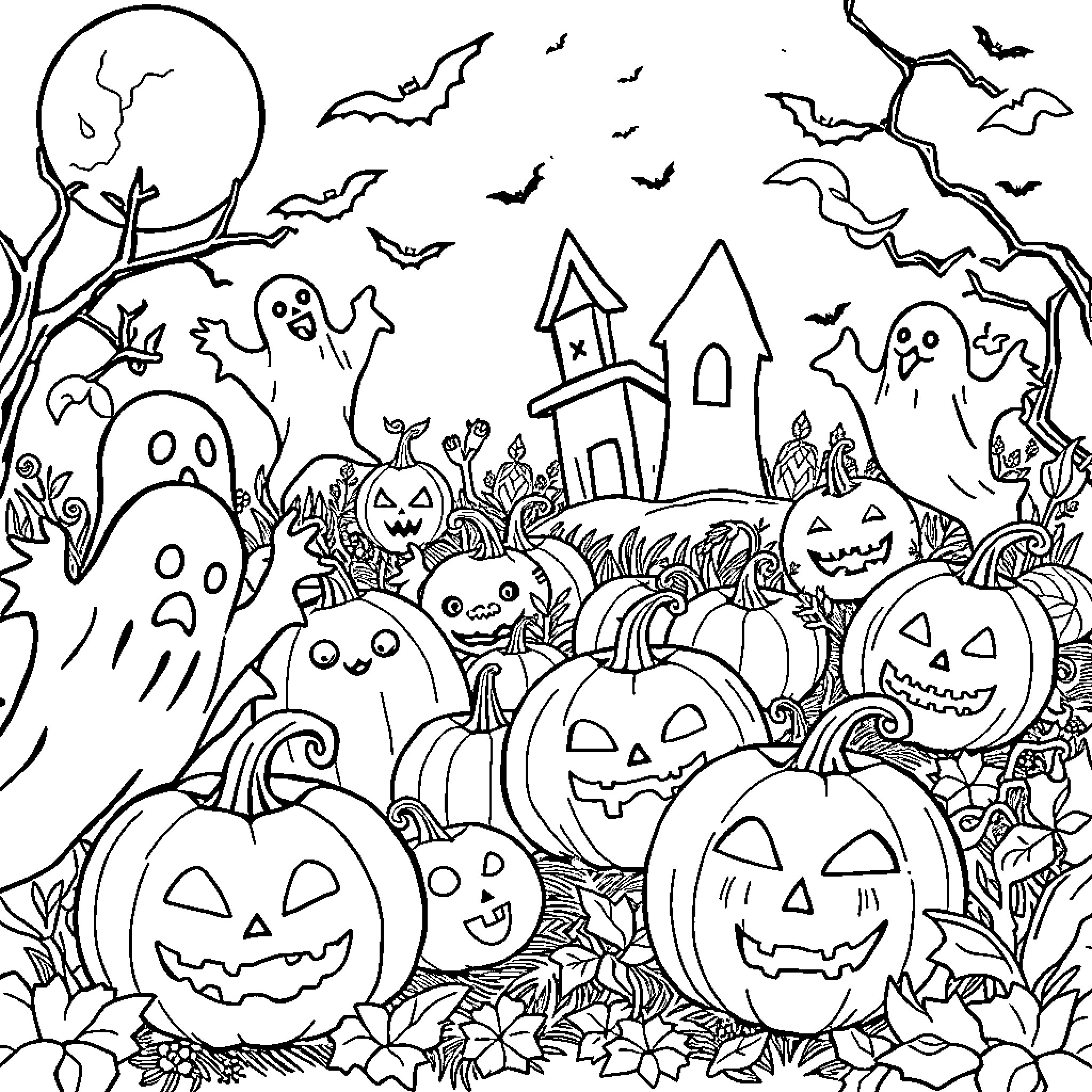 Halloween night scene with spooky characters and haunted house Coloring Page (free black-and-white line drawing printable PDF for all, from beginners to advanced learners, including children, teens, adults, and seniors)