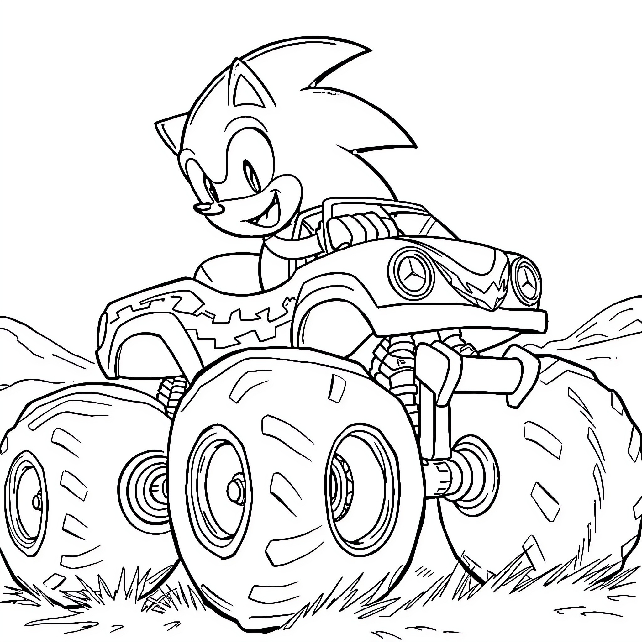 Sonic driving a monster truck through the terrain Coloring Page (free black-and-white line drawing printable PDF for all, from beginners to advanced learners, including children, teens, adults, and seniors)
