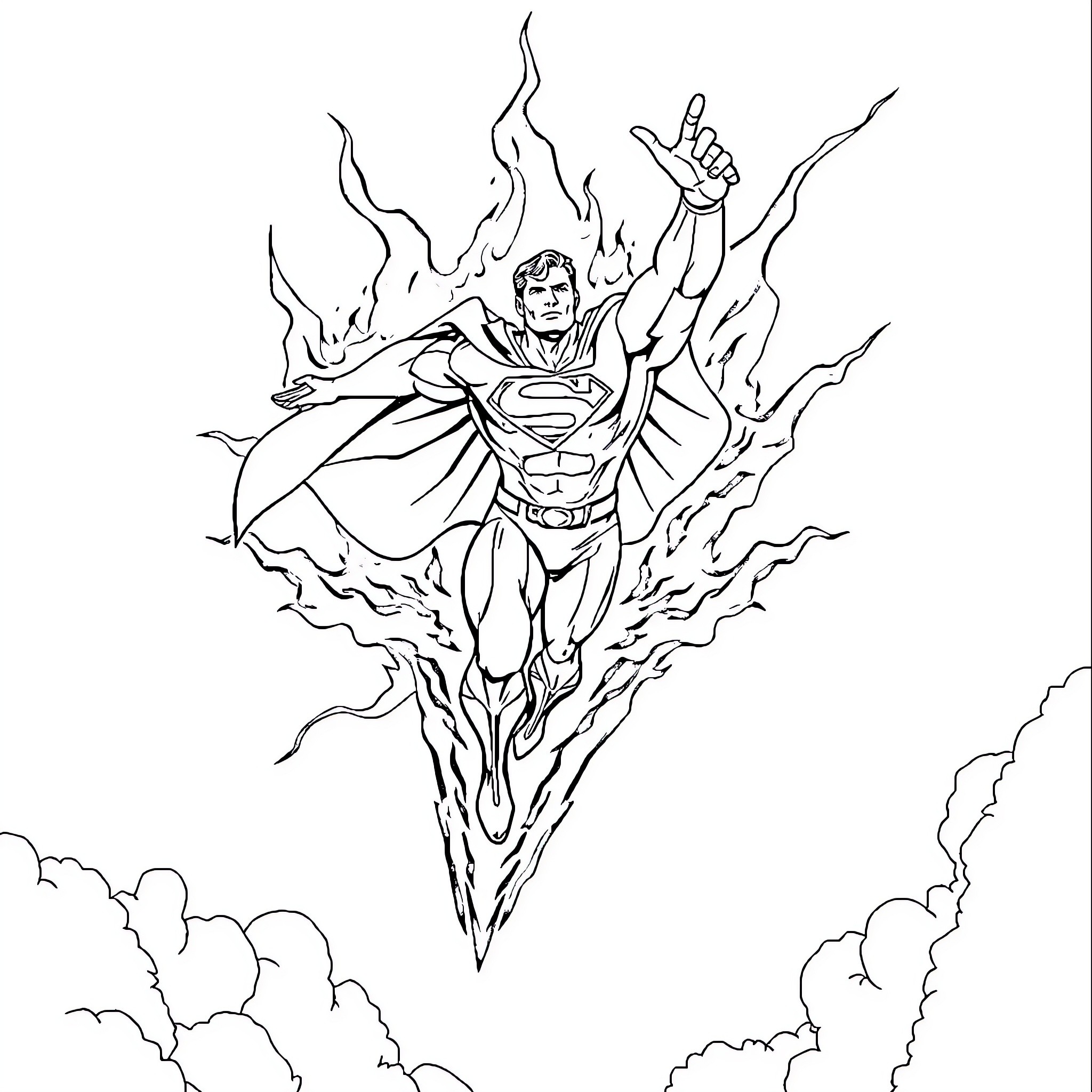 Superman showcasing his heroic powers in action Coloring Page (free black-and-white line drawing printable PDF for all, from beginners to advanced learners, including children, teens, adults, and seniors)