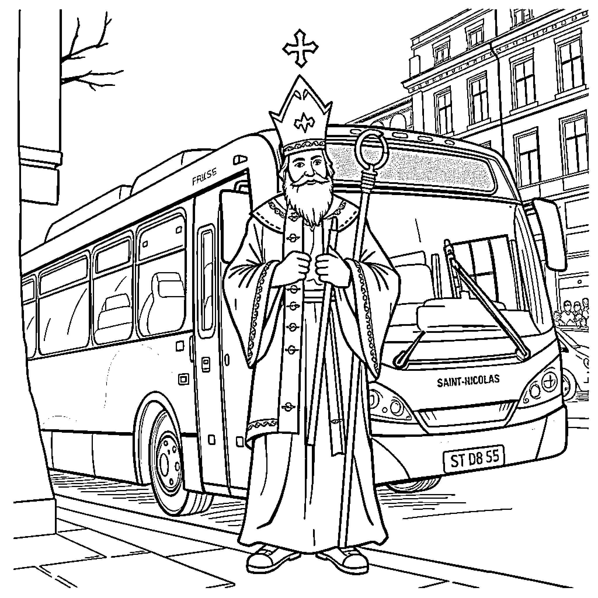 Saint Nicholas Visiting City in Traditional Attire Coloring Page (free black-and-white line drawing printable PDF for all, from beginners to advanced learners, including children, teens, adults, and seniors)