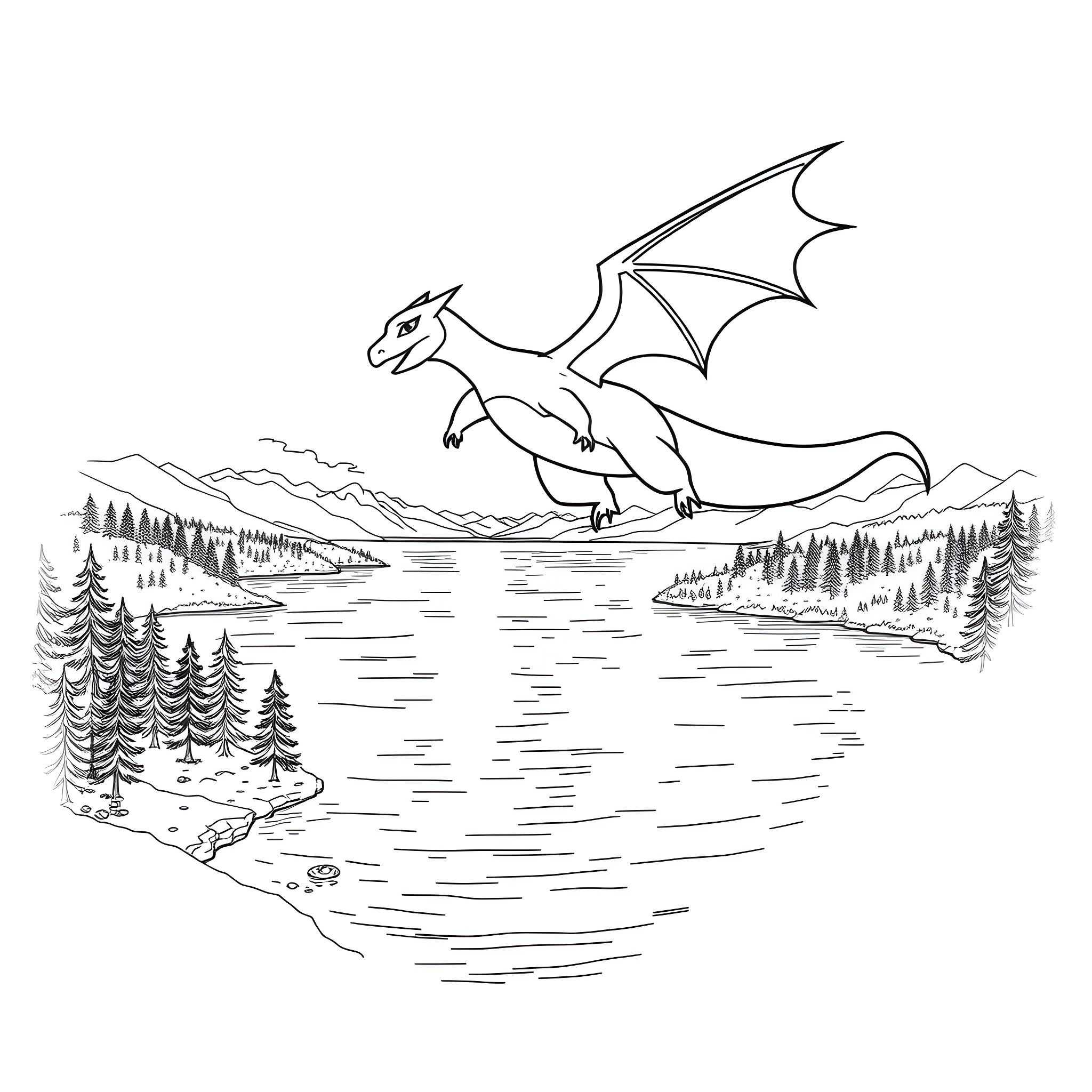 Charizard soaring over a serene landscape Coloring Page (free black-and-white line drawing printable PDF for all, from beginners to advanced learners, including children, teens, adults, and seniors)
