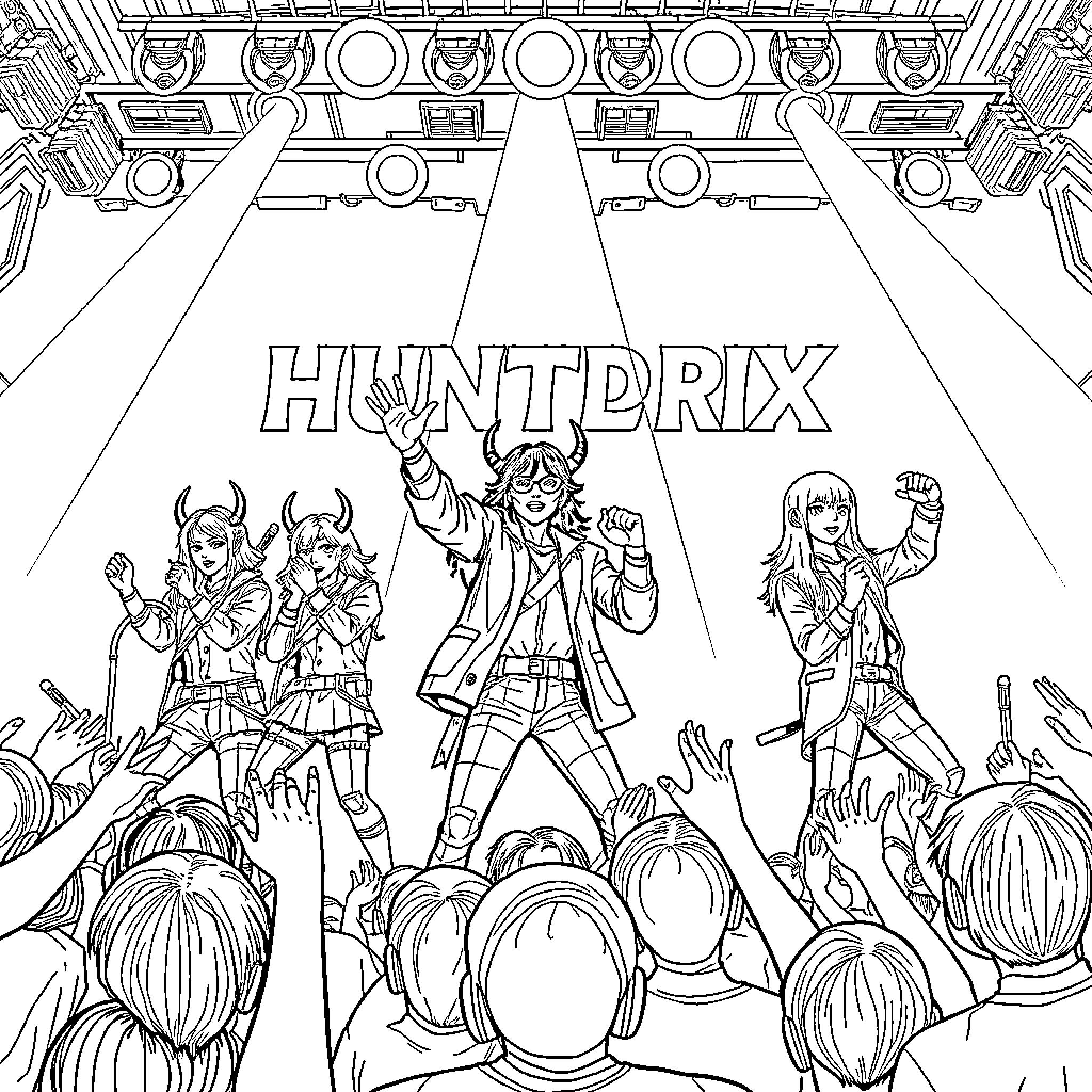 Huntrix: Performers on Stage Entertaining the Crowd Coloring Page (free black-and-white line drawing printable PDF for all, from beginners to advanced learners, including children, teens, adults, and seniors)