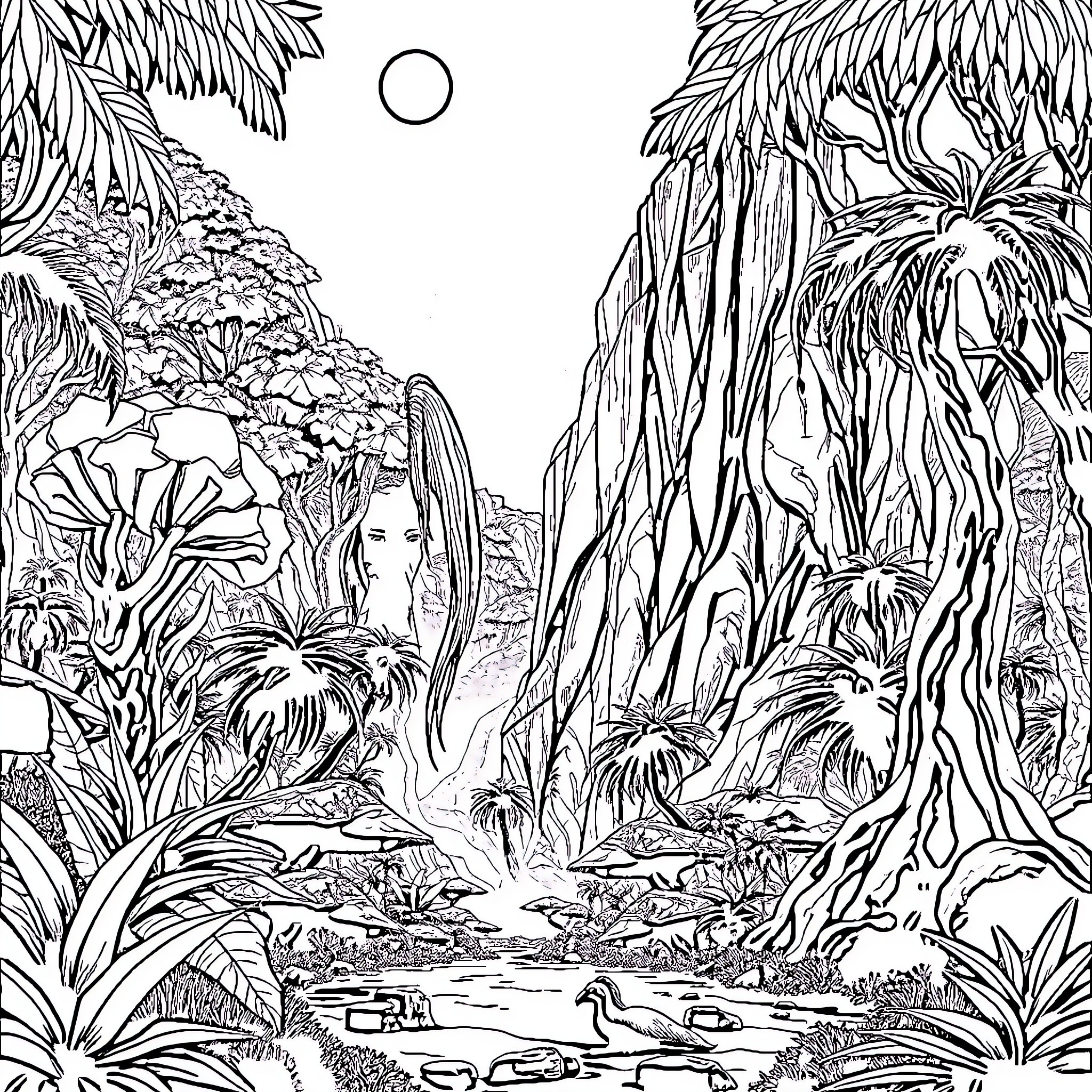 Neytiri in the Lush Jungle Landscape Coloring Page (free black-and-white line drawing printable PDF for all, from beginners to advanced learners, including children, teens, adults, and seniors)