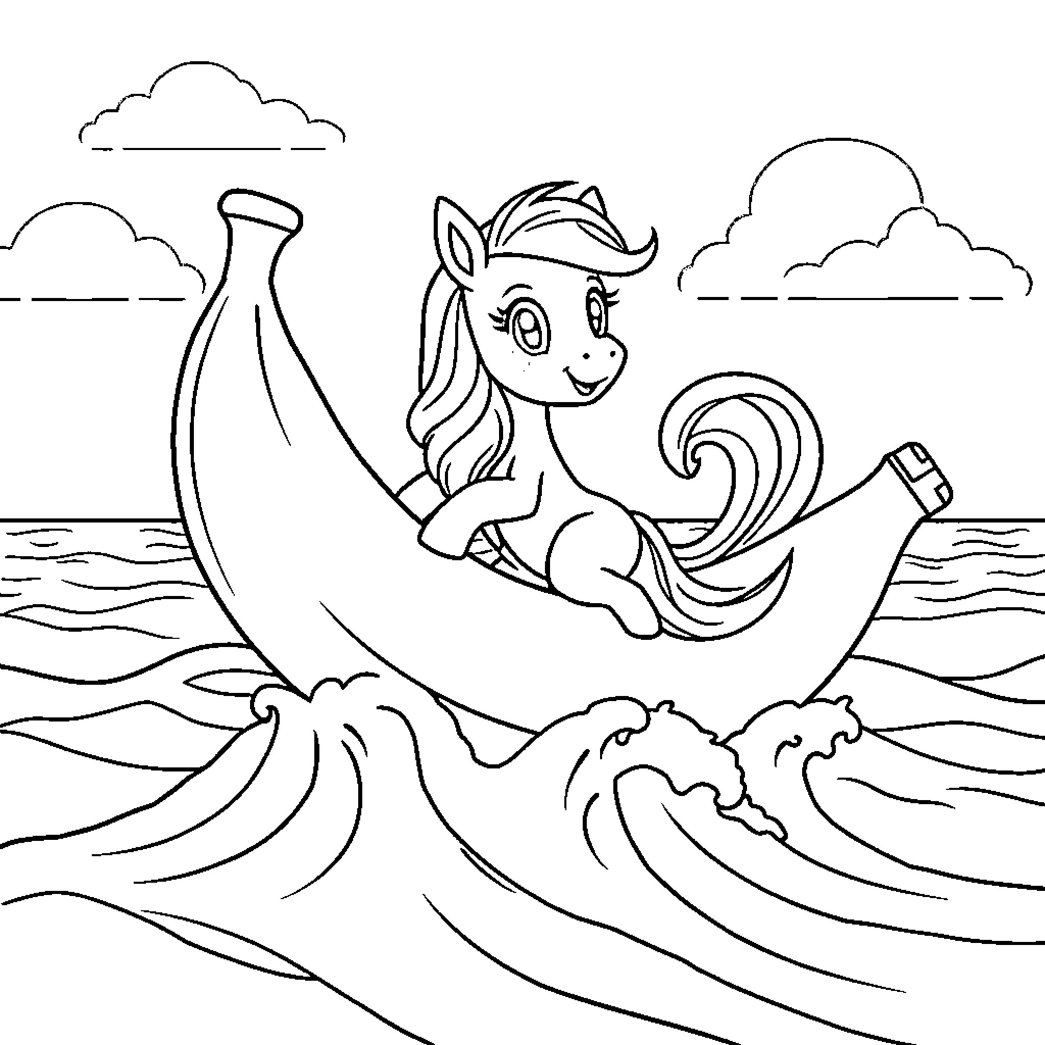 Pony riding a banana boat on the waves Coloring Page (free black-and-white line drawing printable PDF for all, from beginners to advanced learners, including children, teens, adults, and seniors)