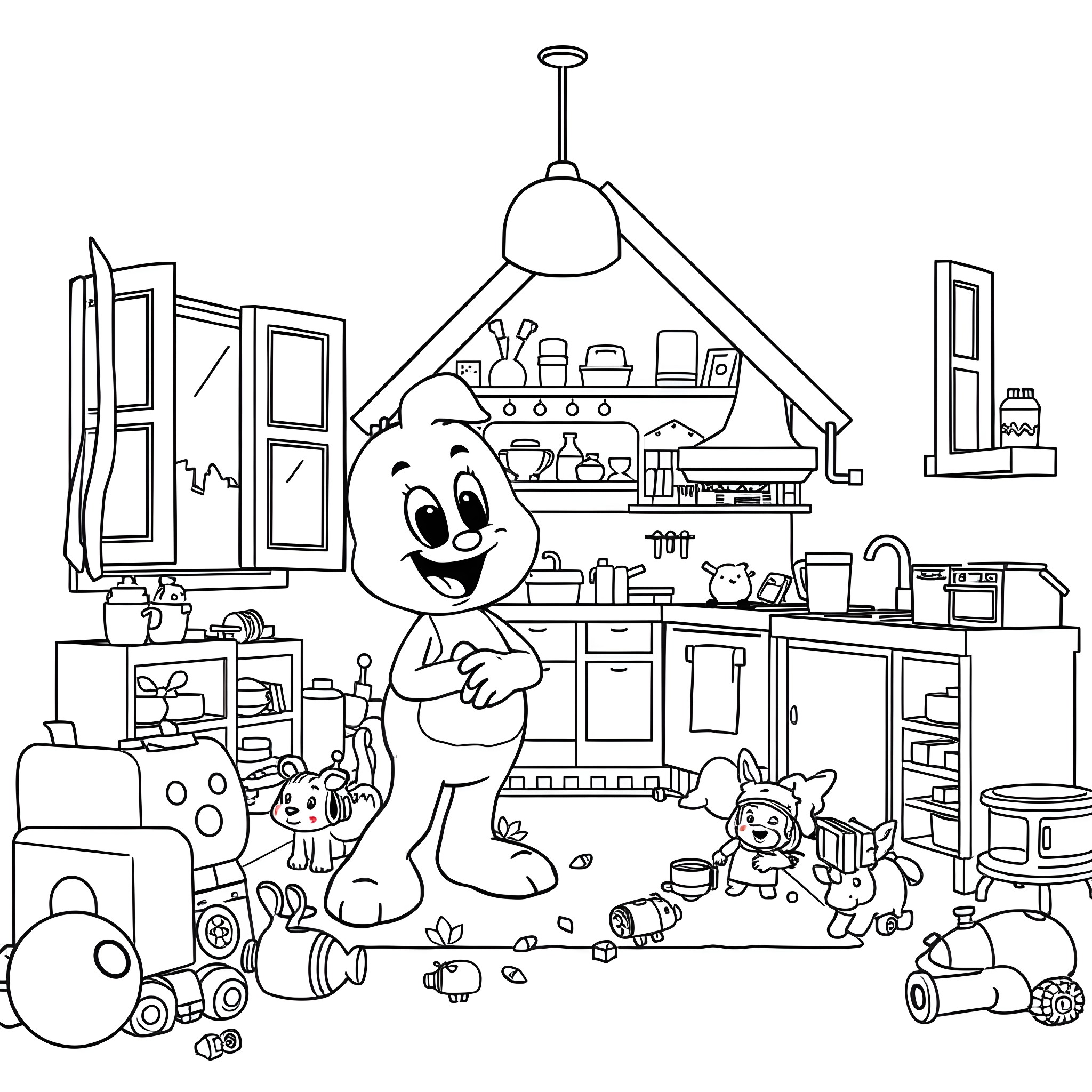 Bluey's Messy Adventure in the Kitchen Coloring Page (free black-and-white line drawing printable PDF for all, from beginners to advanced learners, including children, teens, adults, and seniors)