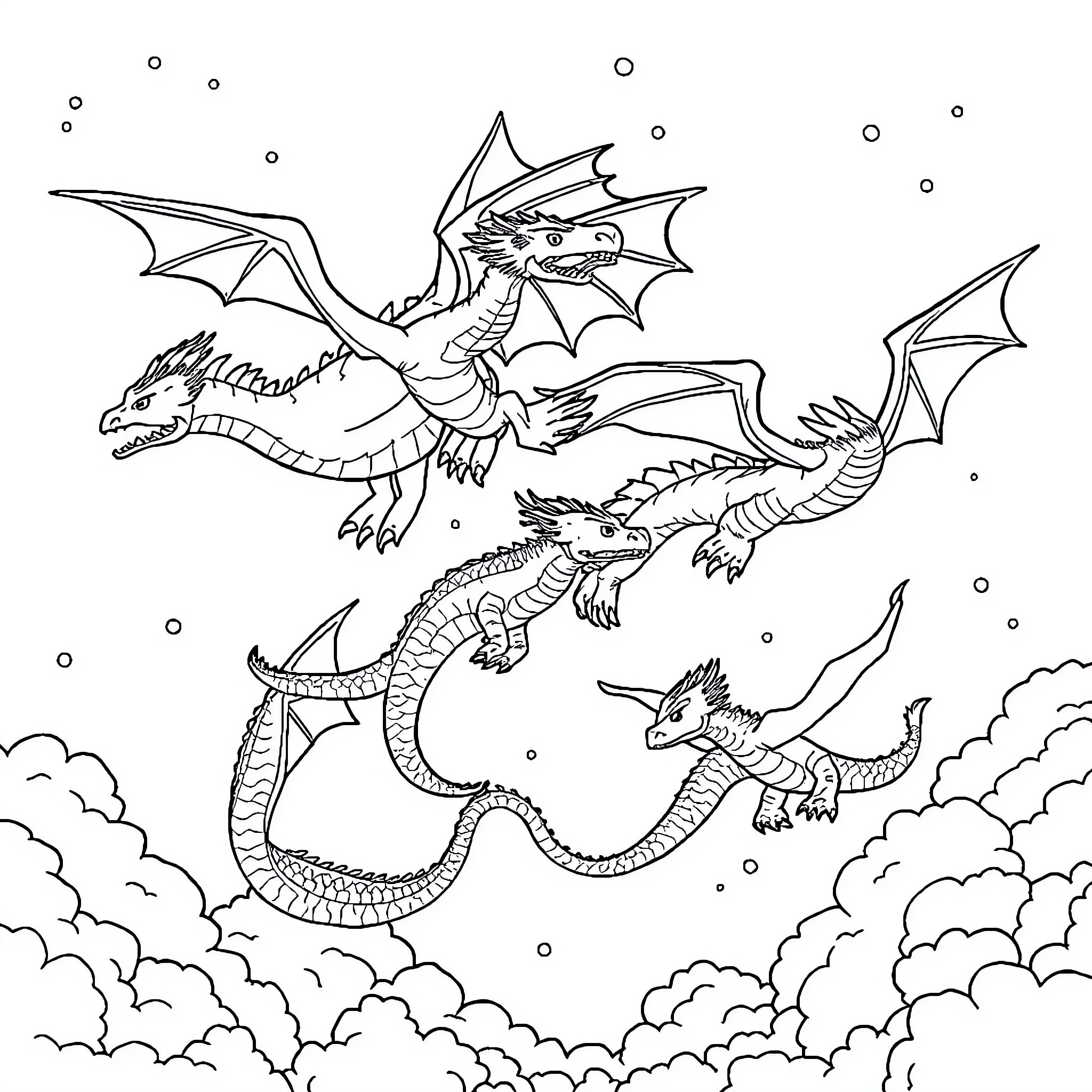 Dragon duo soaring through the skies Coloring Page (free black-and-white line drawing printable PDF for all, from beginners to advanced learners, including children, teens, adults, and seniors)