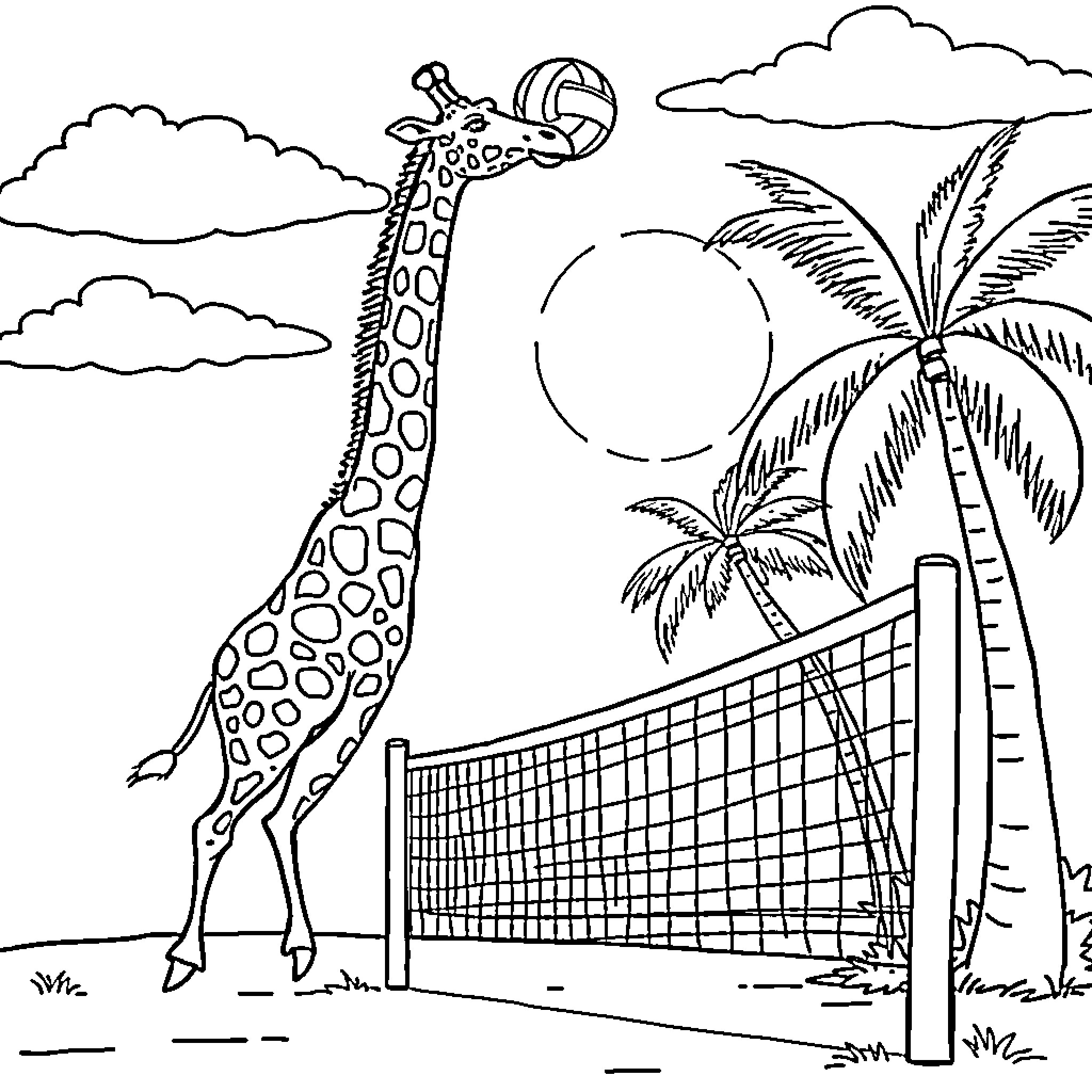 Giraffe playing volleyball on a tropical beach Coloring Page (free black-and-white line drawing printable PDF for all, from beginners to advanced learners, including children, teens, adults, and seniors)