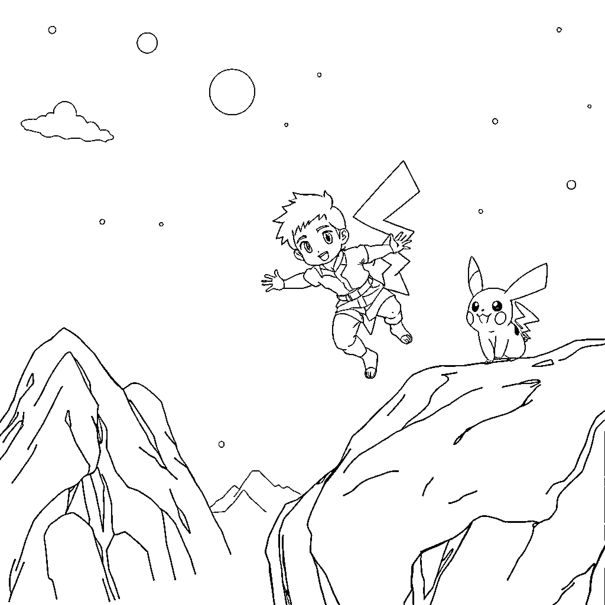 Léandre's Adventurous Journey with Pikachu Coloring Page (free black-and-white line drawing printable PDF for all, from beginners to advanced learners, including children, teens, adults, and seniors)