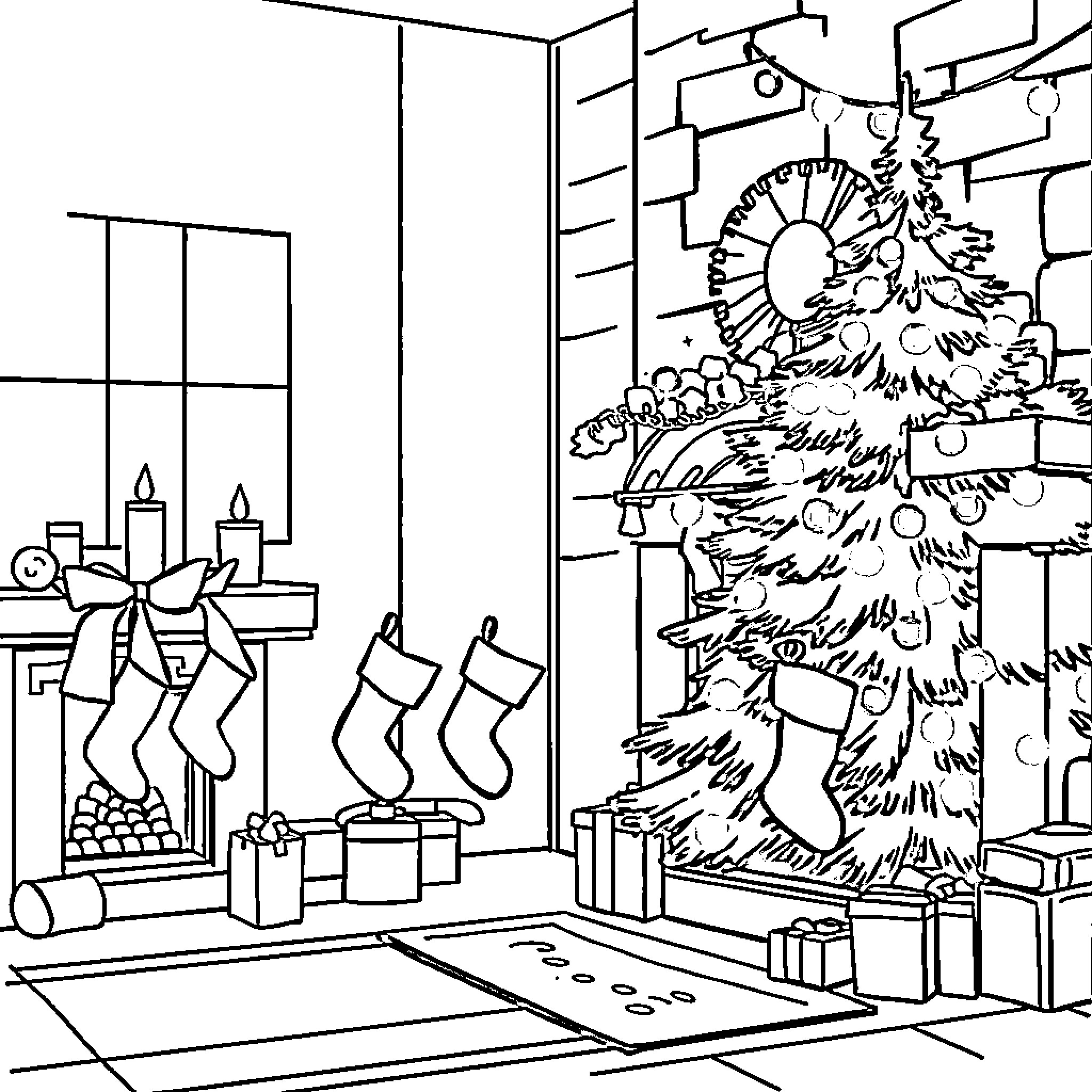 Christmas Scene with Decorated Tree and Stockings Coloring Page (free black-and-white line drawing printable PDF for all, from beginners to advanced learners, including children, teens, adults, and seniors)