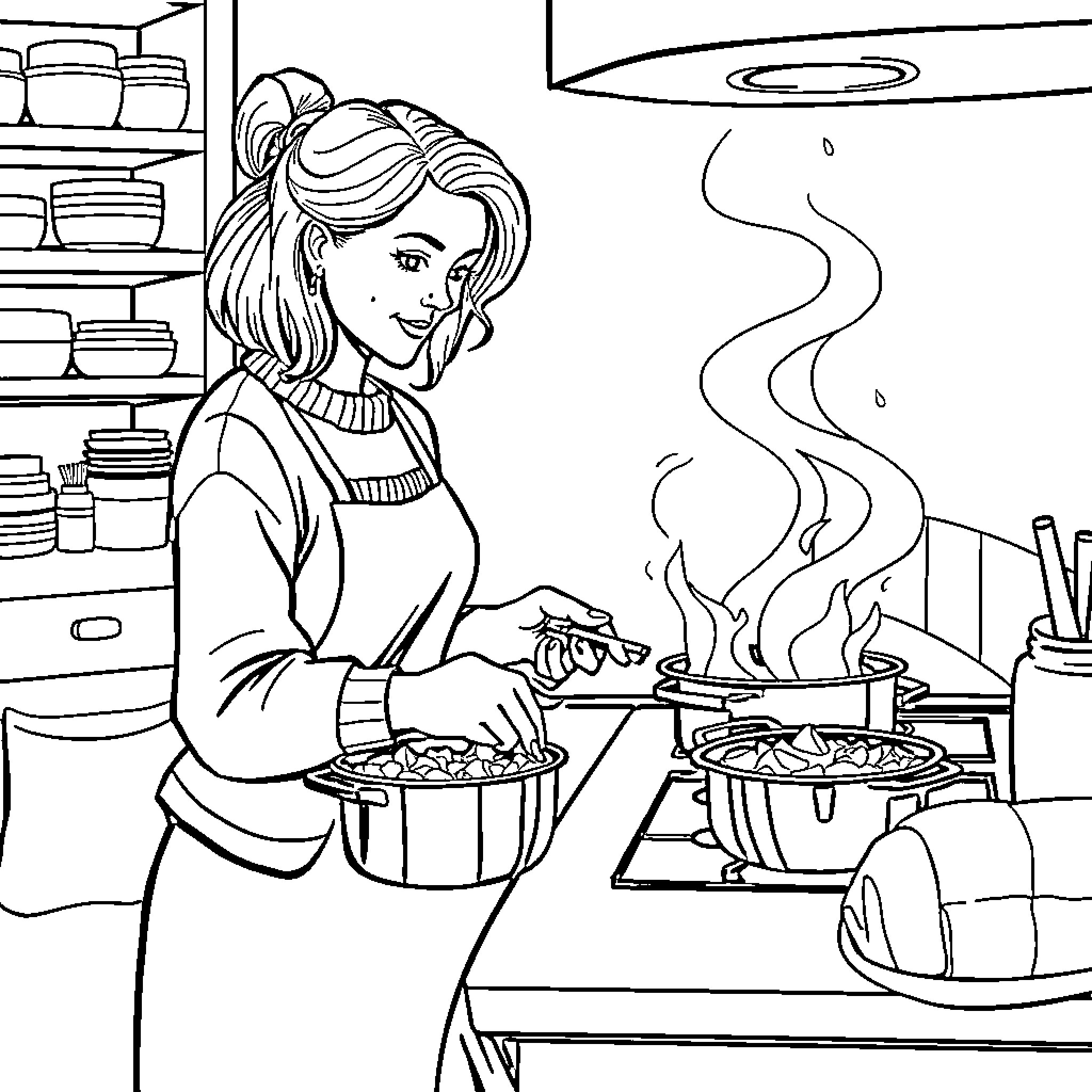 Mom Happily Cooking in Kitchen Coloring Page (free black-and-white line drawing printable PDF for all, from beginners to advanced learners, including children, teens, adults, and seniors)