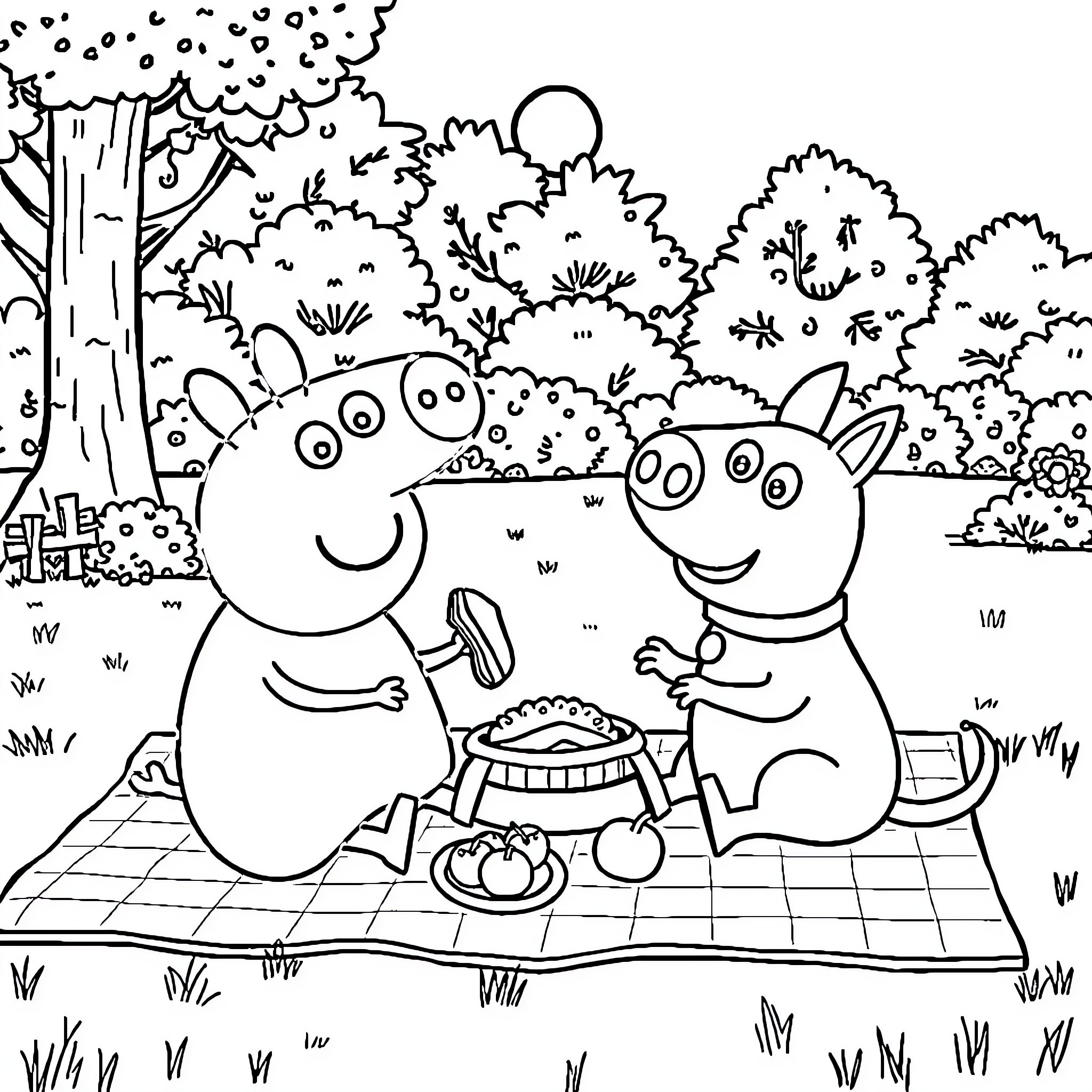 Peppa Pig and friends having a picnic in the park Coloring Page (free black-and-white line drawing printable PDF for all, from beginners to advanced learners, including children, teens, adults, and seniors)