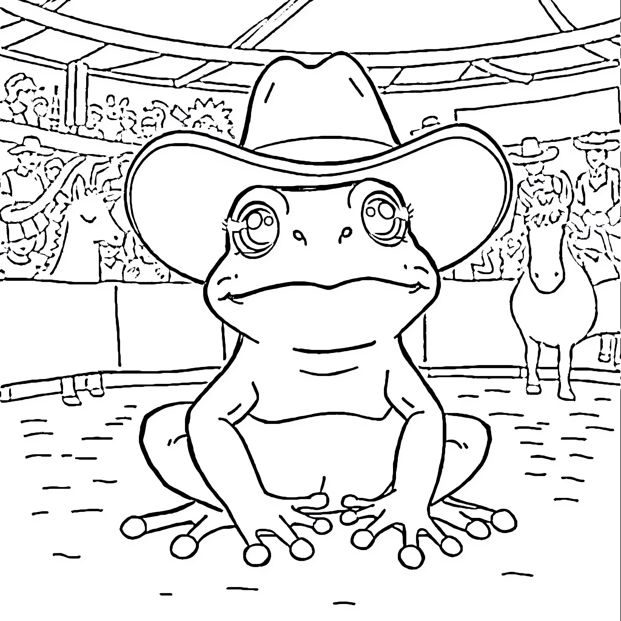 Frog wearing a cowboy hat in a rodeo arena Coloring Page (free black-and-white line drawing printable PDF for all, from beginners to advanced learners, including children, teens, adults, and seniors)