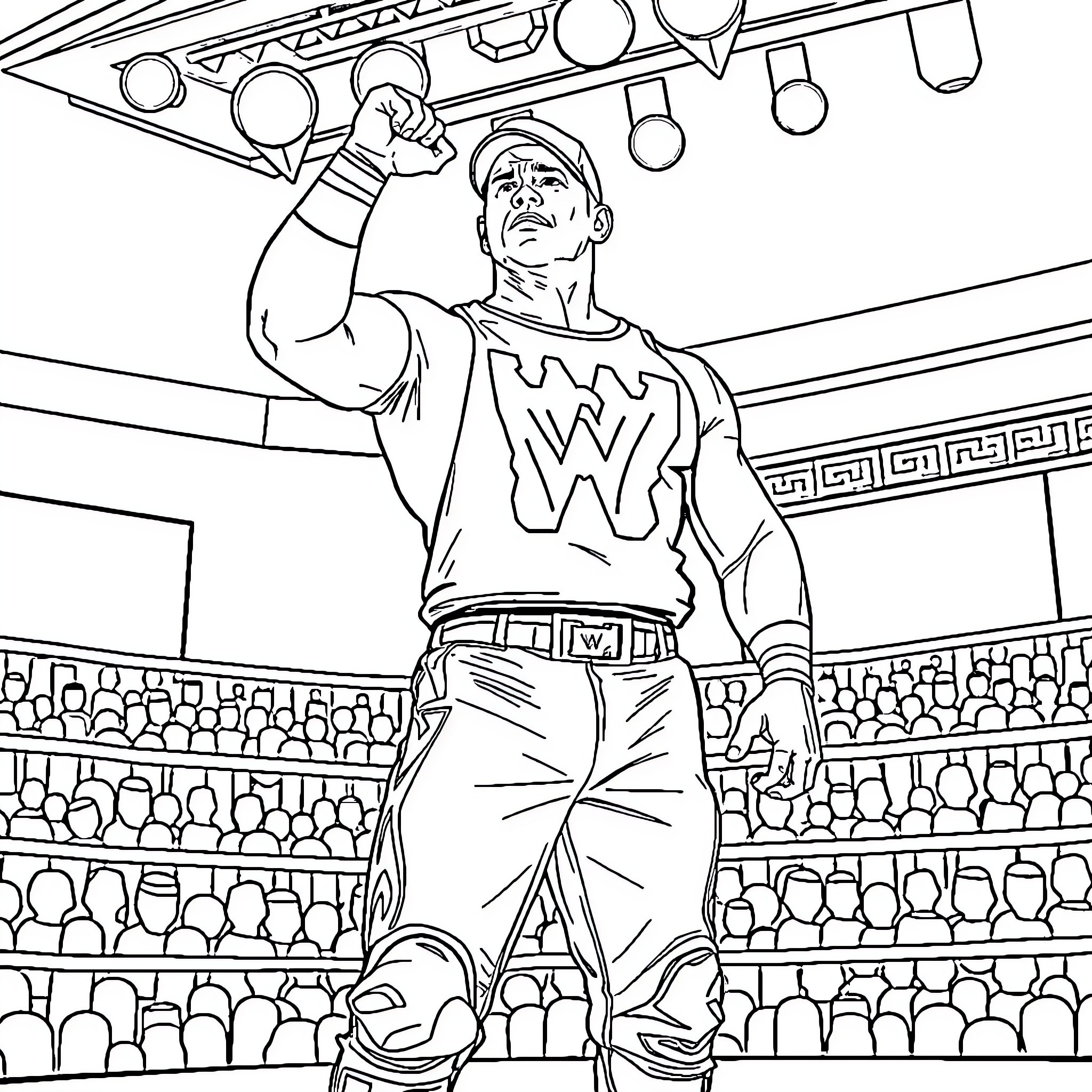 John Cena Celebrating Victory in a Wrestling Match Coloring Page (free black-and-white line drawing printable PDF for all, from beginners to advanced learners, including children, teens, adults, and seniors)