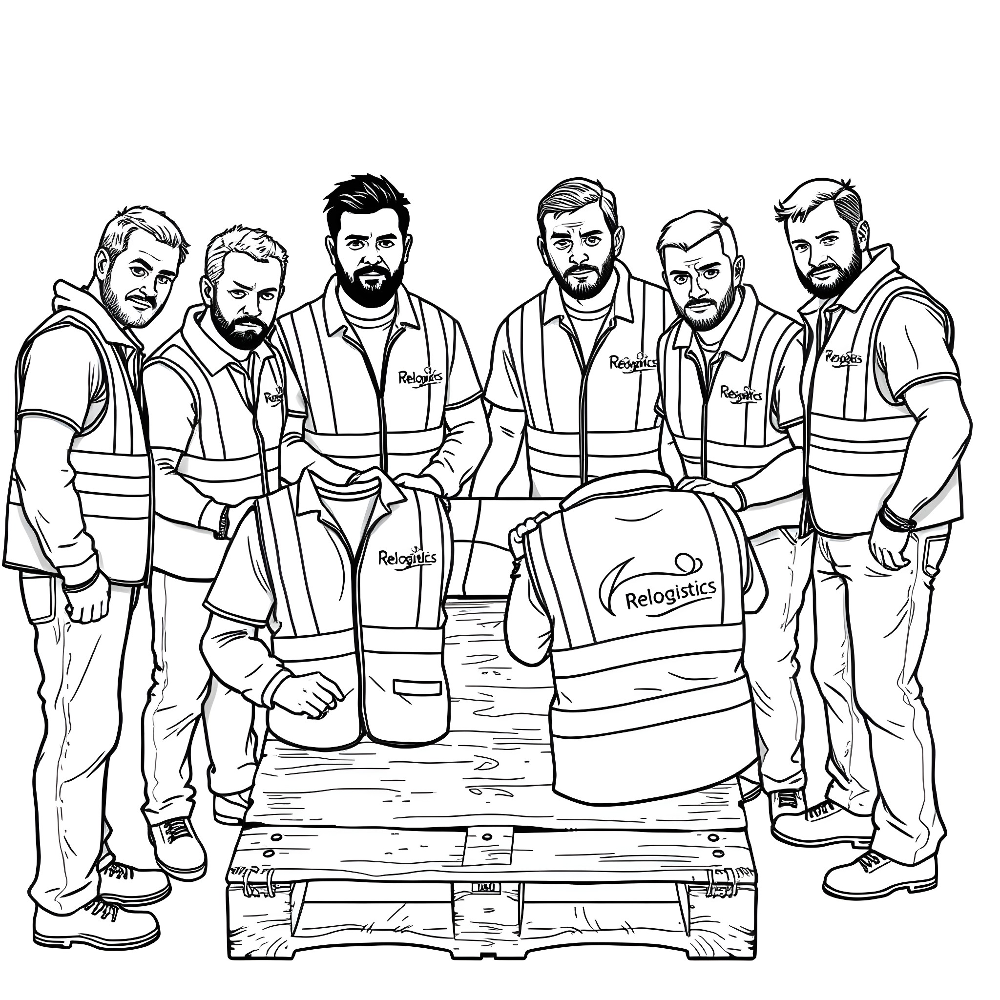 Men working in uniform at construction site Coloring Page (free black-and-white line drawing printable PDF for all, from beginners to advanced learners, including children, teens, adults, and seniors)