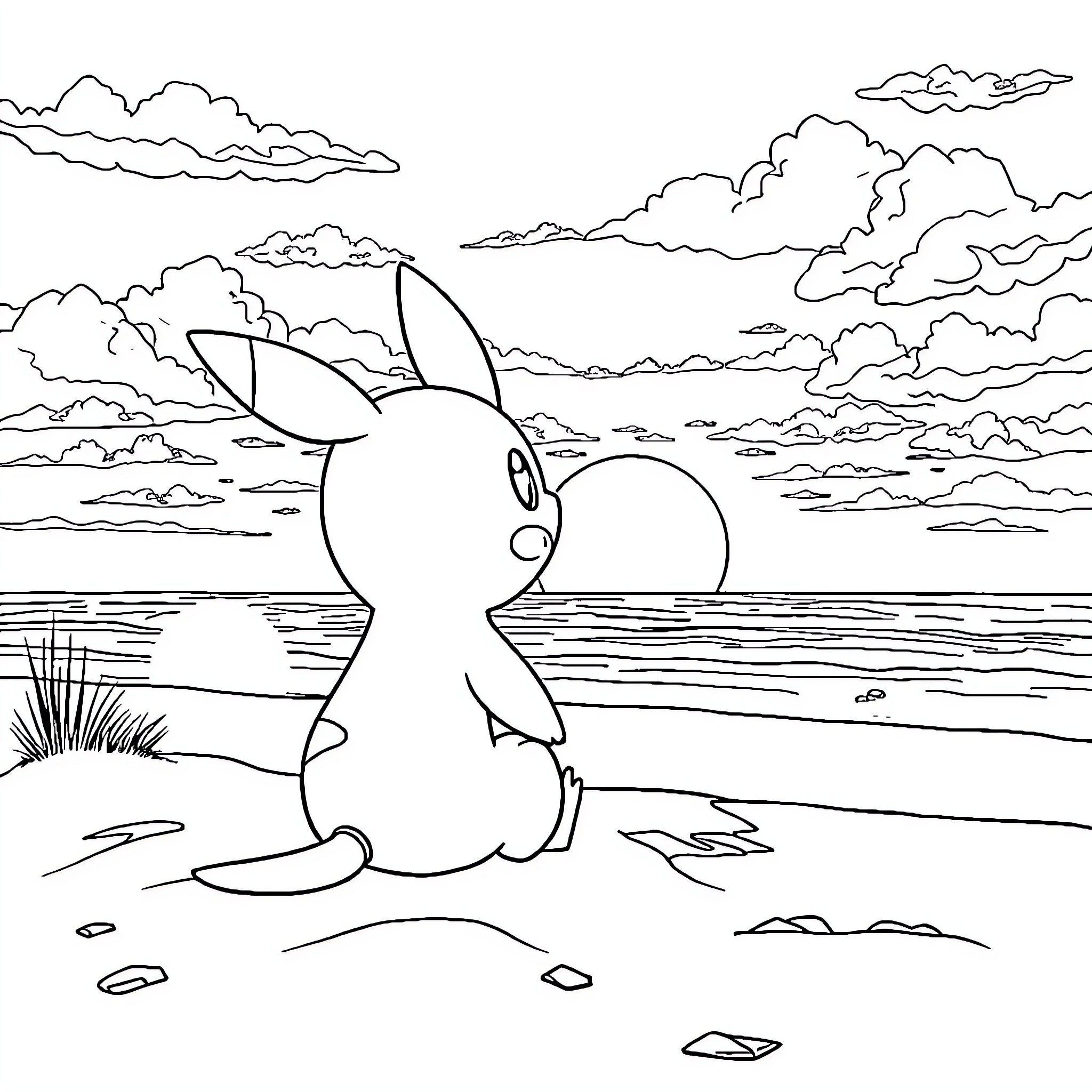 Pokémon enjoying seaside landscape with clouds Coloring Page (free black-and-white line drawing printable PDF for all, from beginners to advanced learners, including children, teens, adults, and seniors)