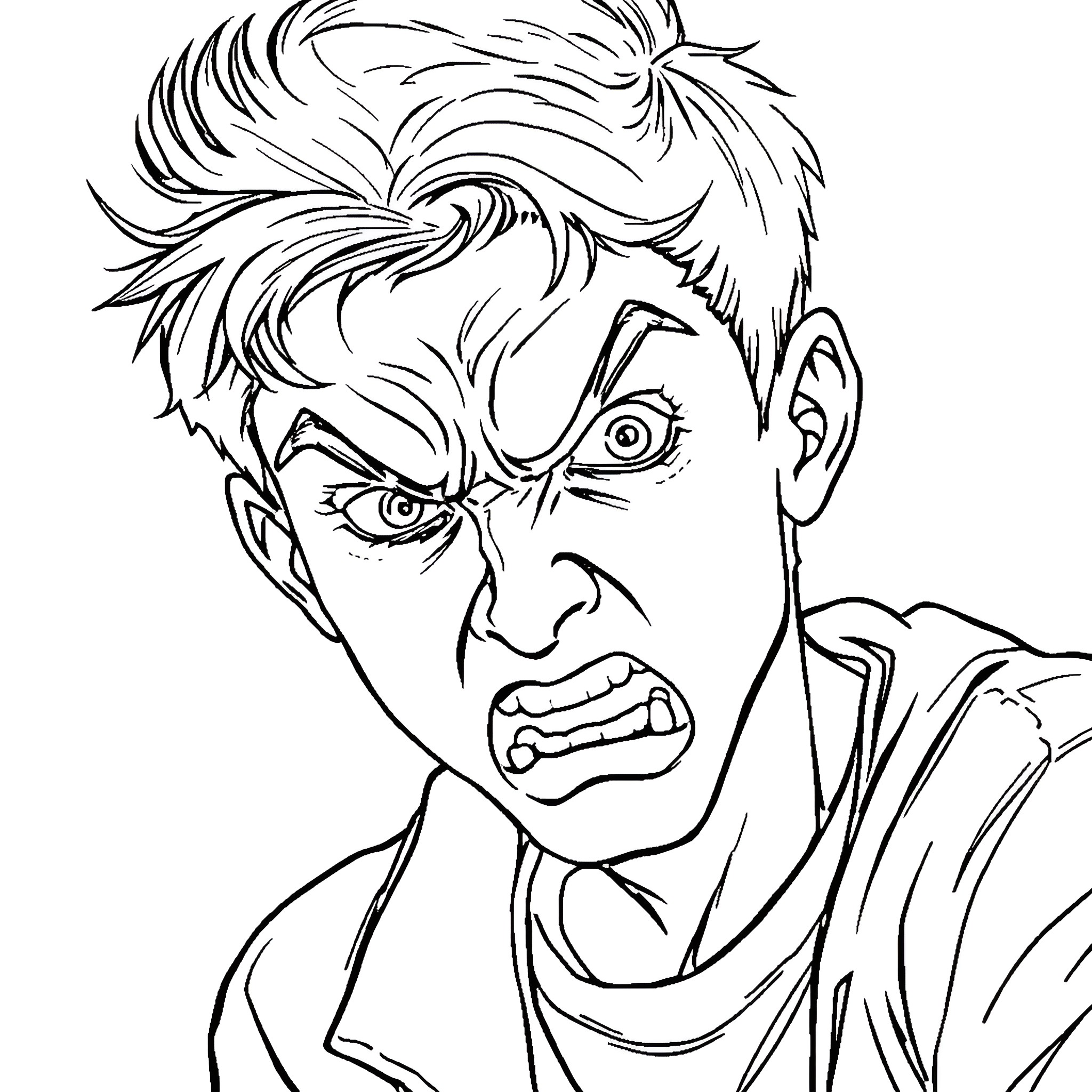 Teenager with angry expression and unruly hair Coloring Page (free black-and-white line drawing printable PDF for all, from beginners to advanced learners, including children, teens, adults, and seniors)